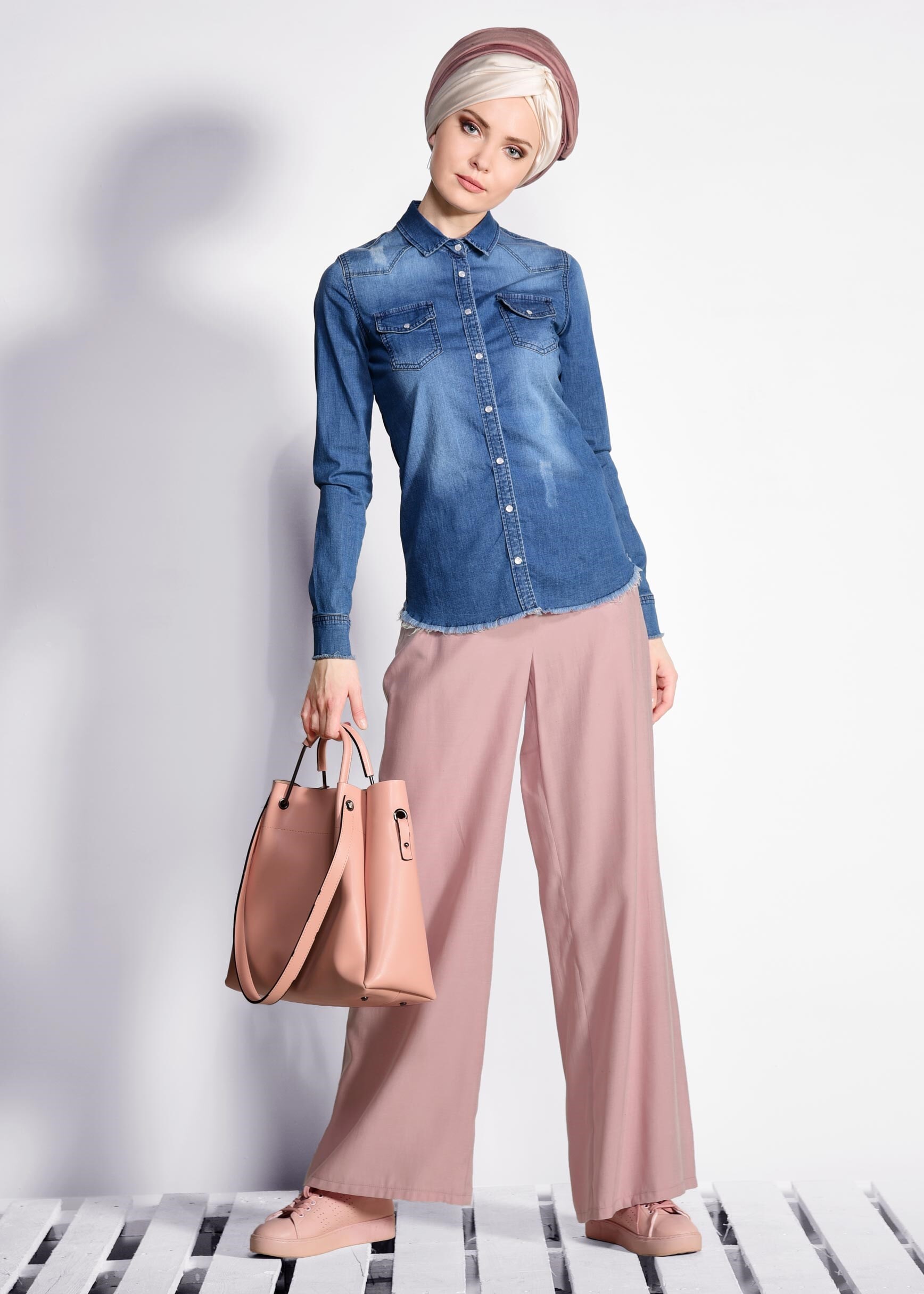 Tesettür giyim PUDRA YÜKSEL BEL BAĞCIKLI PANTOLON 7327