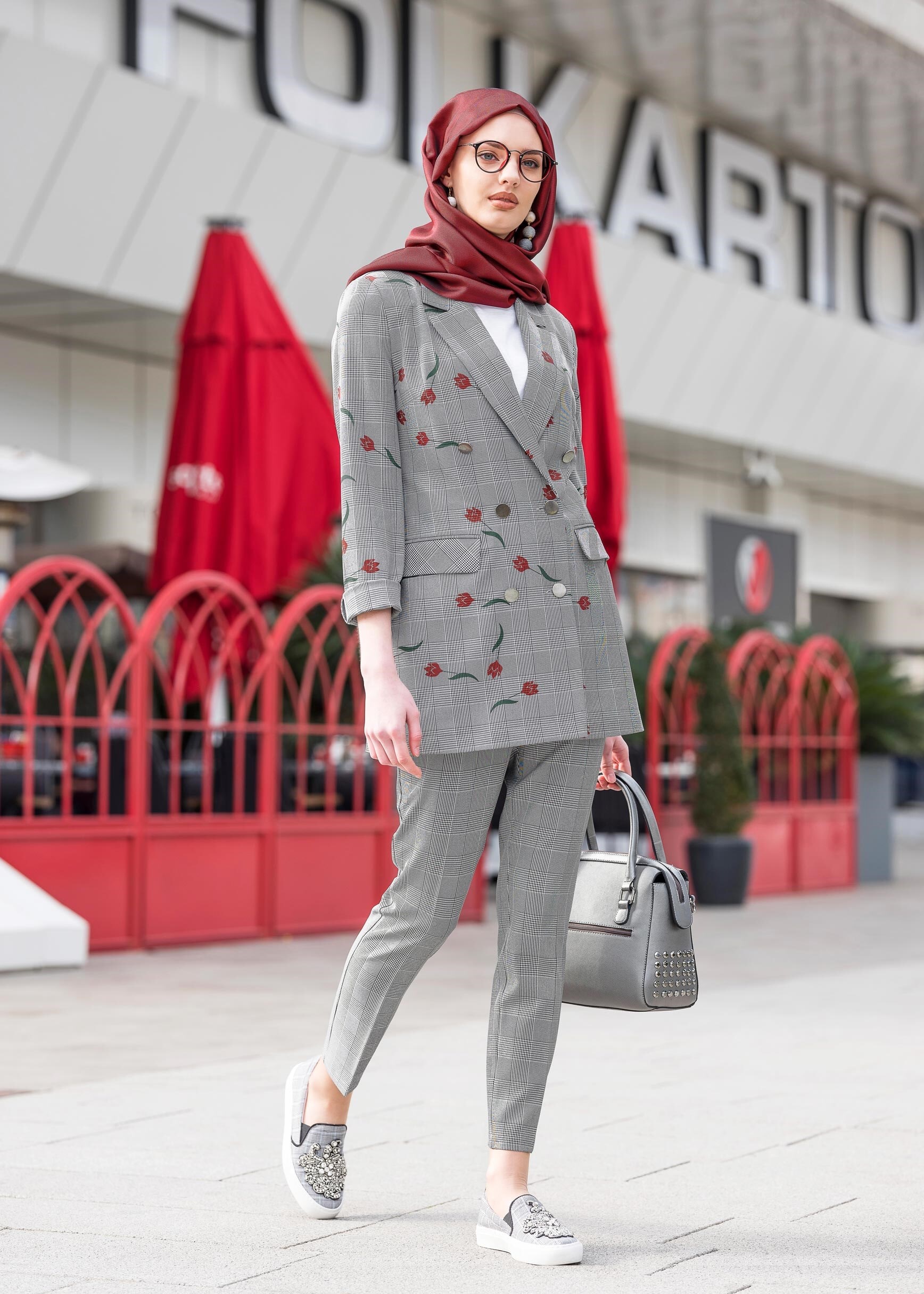 Tesettür giyim SİYAH EKOSE PANTOLON 7333