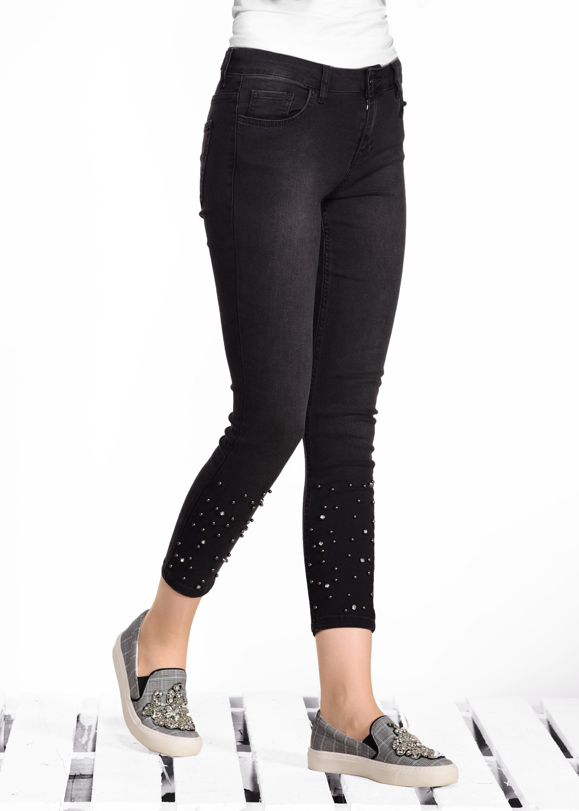 Tesettür giyim SİYAH İNCİ İŞLEMELİ DENİM PANTOLON 7335