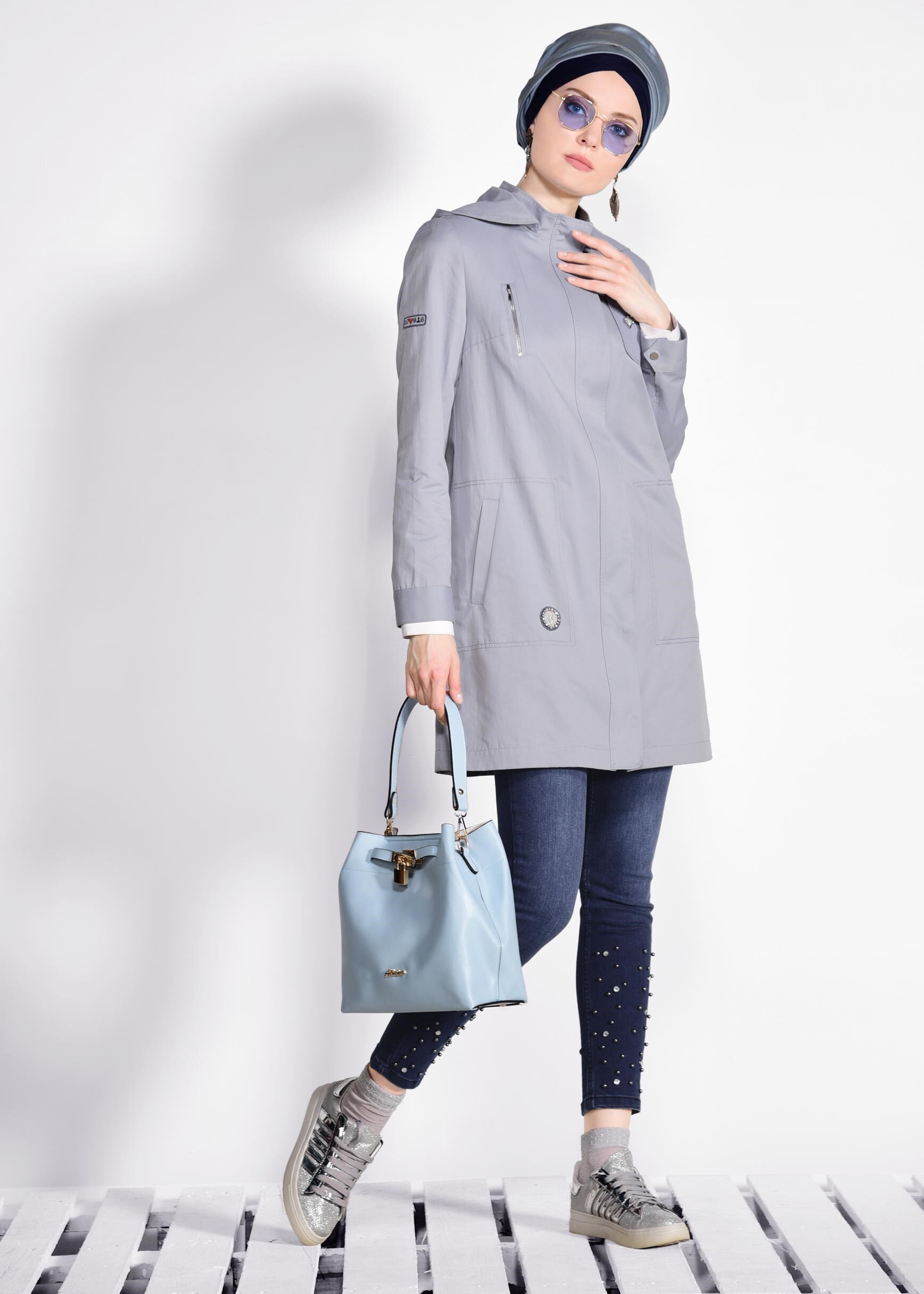 Tesettür giyim MAVİ İNCİ İŞLEMELİ DENİM PANTOLON 7335