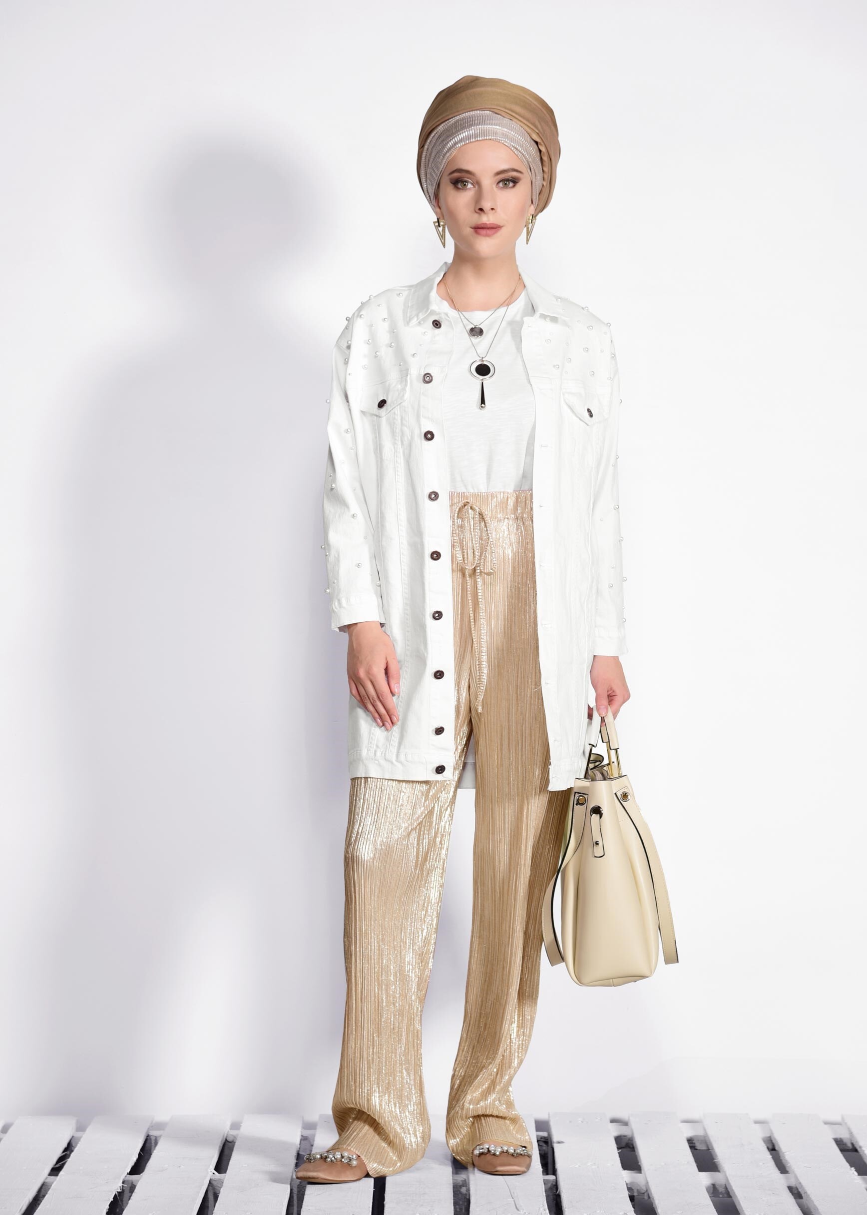 Hijab clothing BEIGE 7345 PİLİSE FOİL PANTOLON 38/46 TEK36