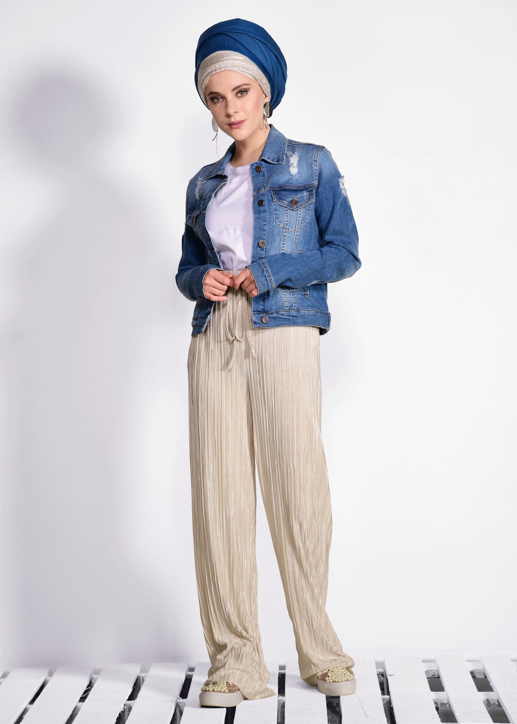 Tesettür giyim BEJ PİLİSELİ PANTOLON 7346