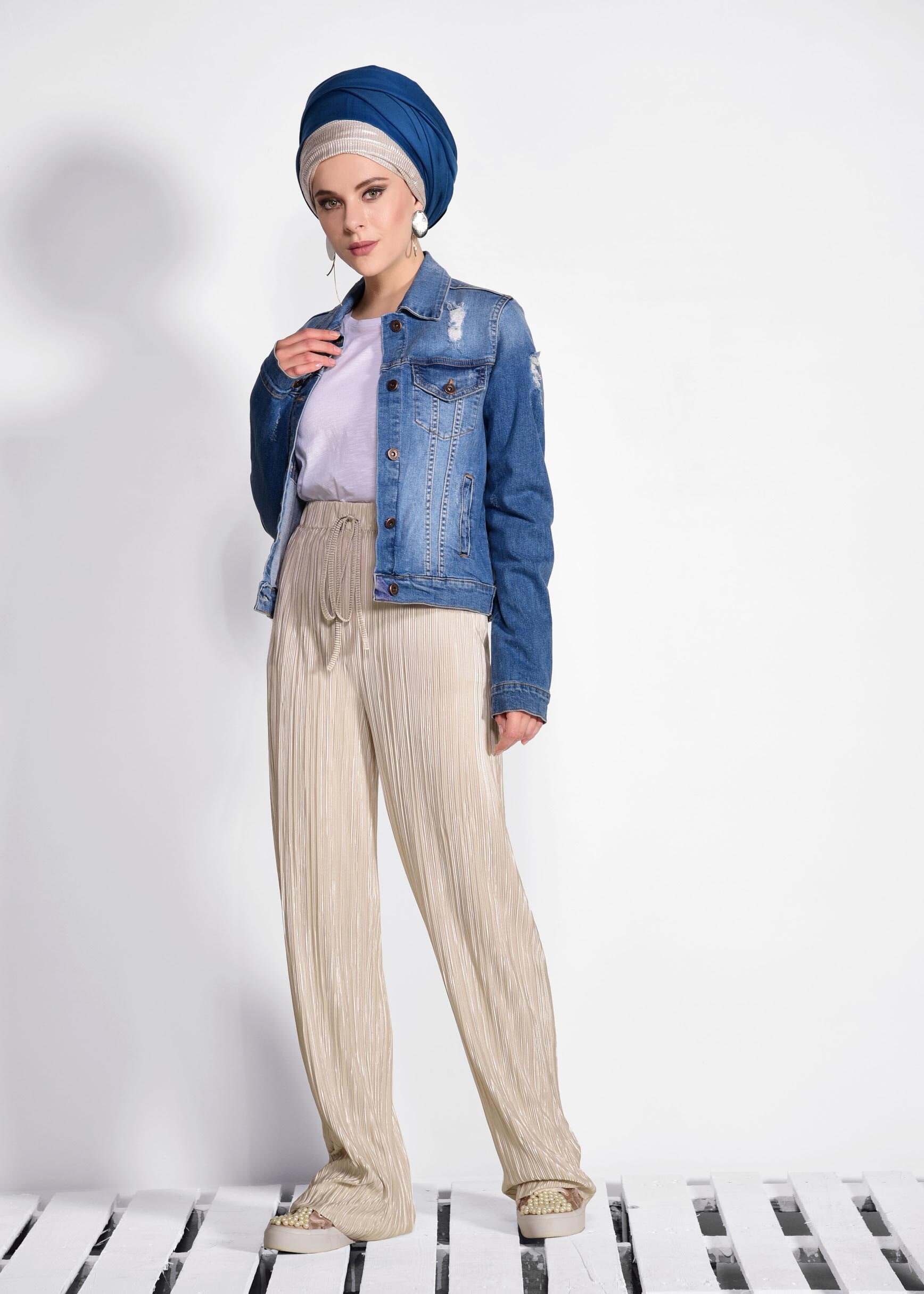 Tesettür giyim BEJ PİLİSELİ PANTOLON 7346