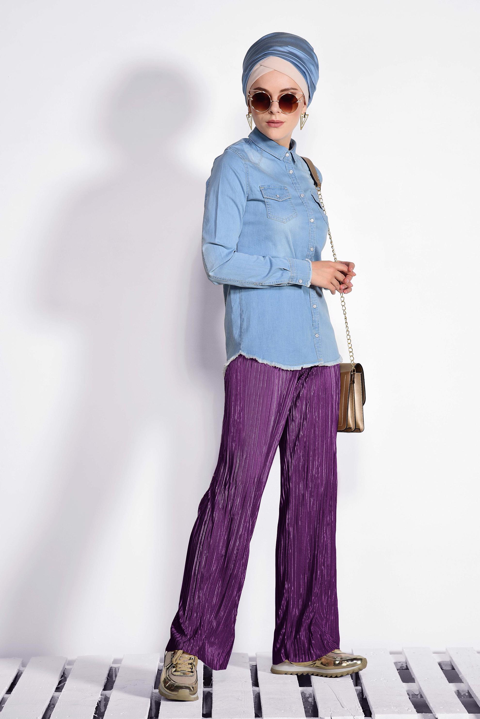 Tesettür giyim MOR PİLİSELİ PANTOLON 7346