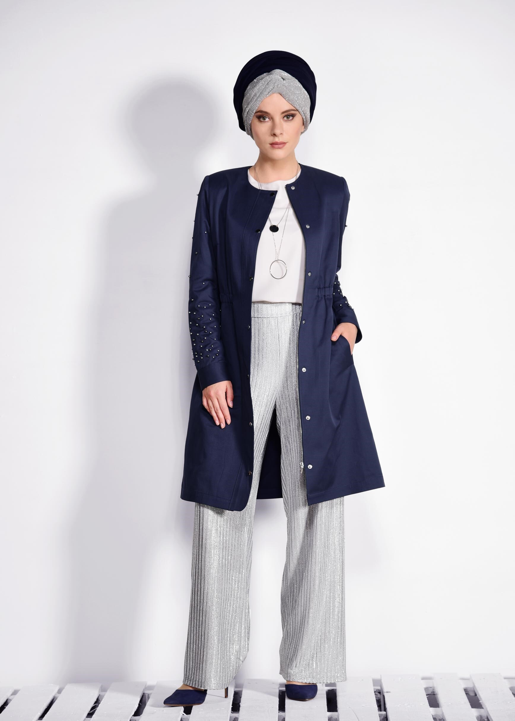 Tesettür giyim GÜMÜŞ ÇİZGİLİ DOKULU PANTOLON 7350