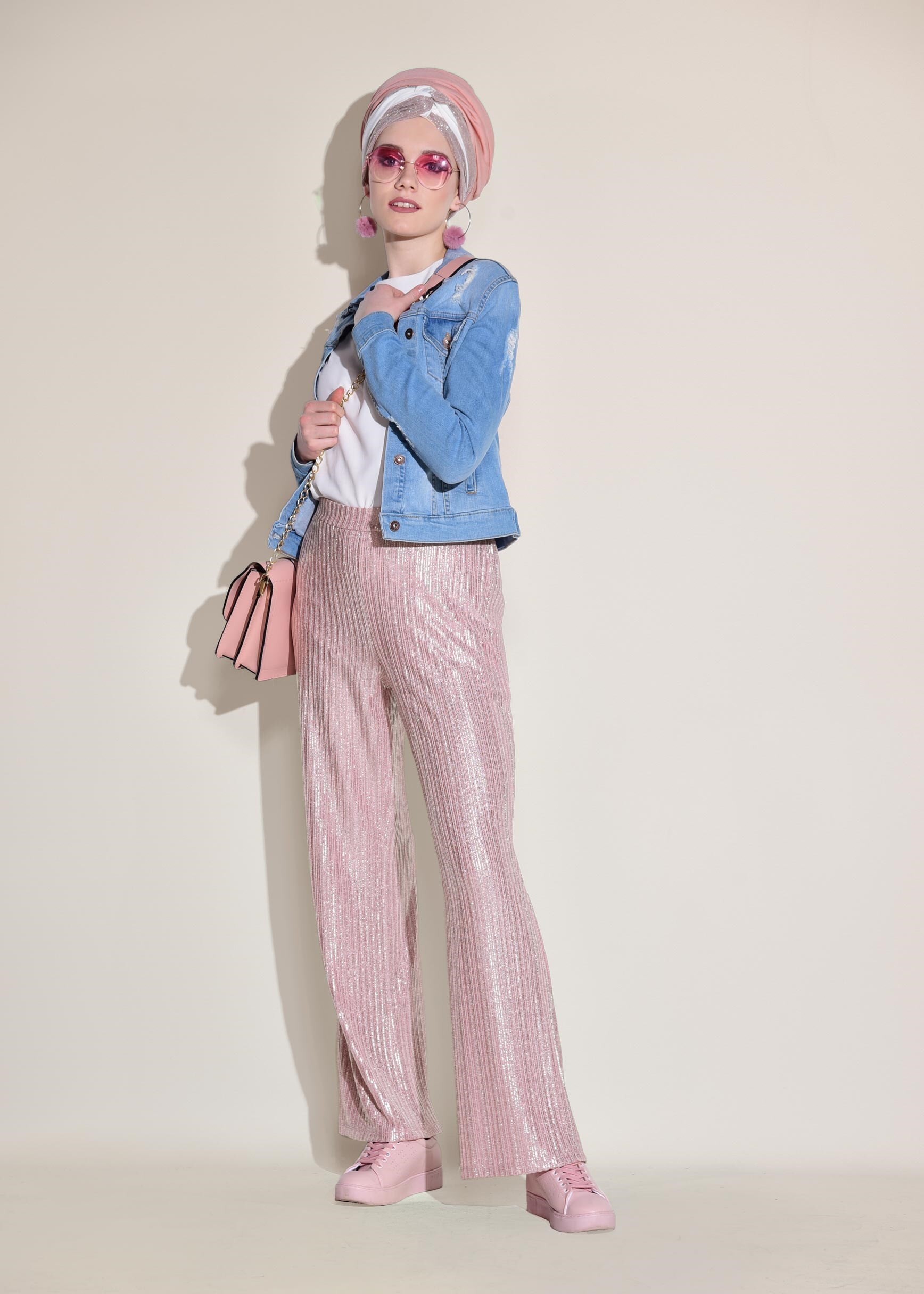 Tesettür giyim PUDRA ÇİZGİLİ DOKULU PANTOLON 7350