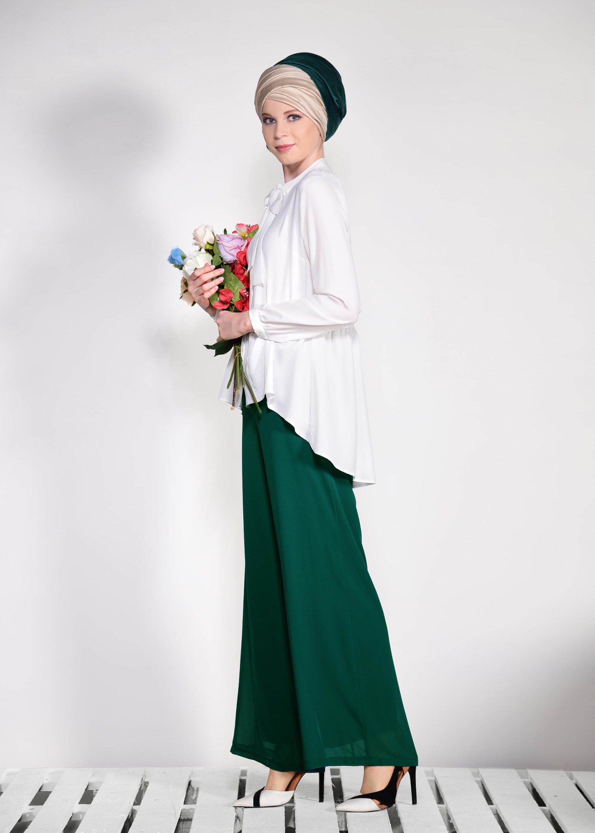 Tesettür giyim YEŞİL ŞİFON PANTOLON 7359