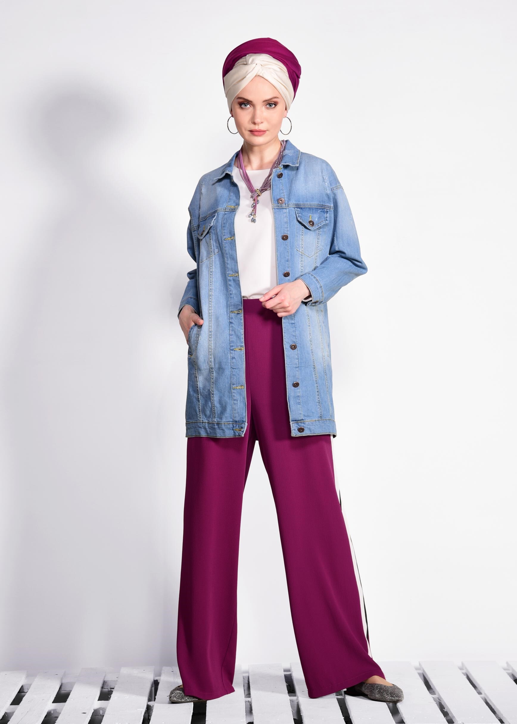 Tesettür giyim FUŞYA ŞERİT DETAYLI PANTOLON 7361