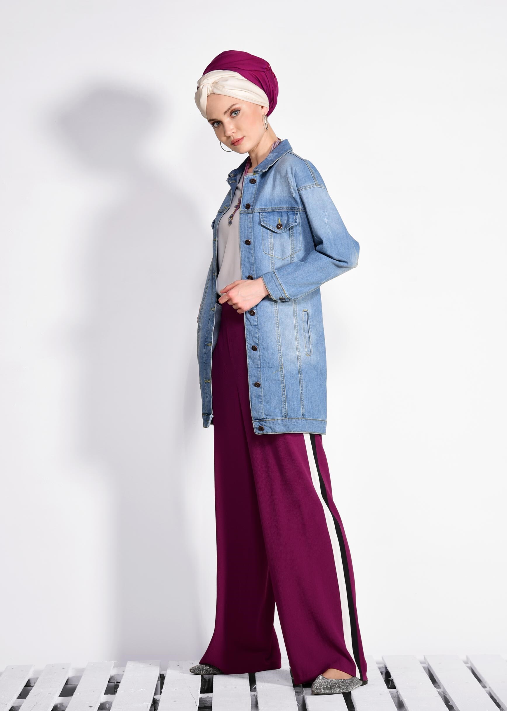 Tesettür giyim FUŞYA ŞERİT DETAYLI PANTOLON 7361