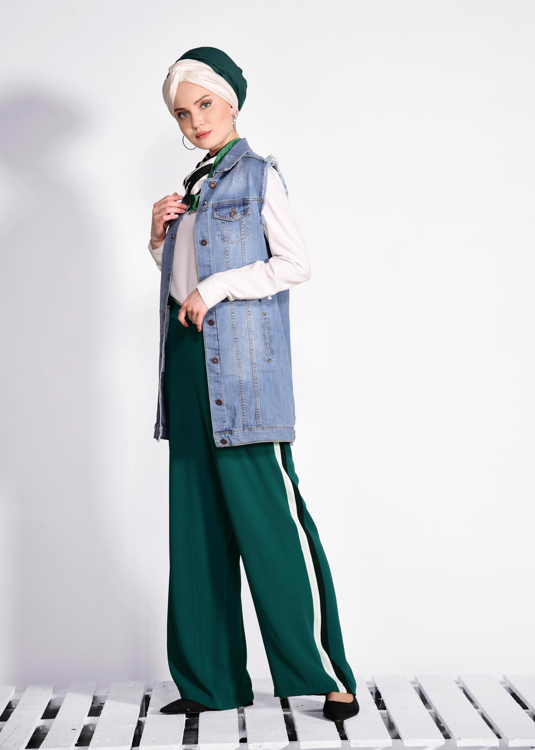 Tesettür giyim YEŞİL ŞERİT DETAYLI PANTOLON 7361