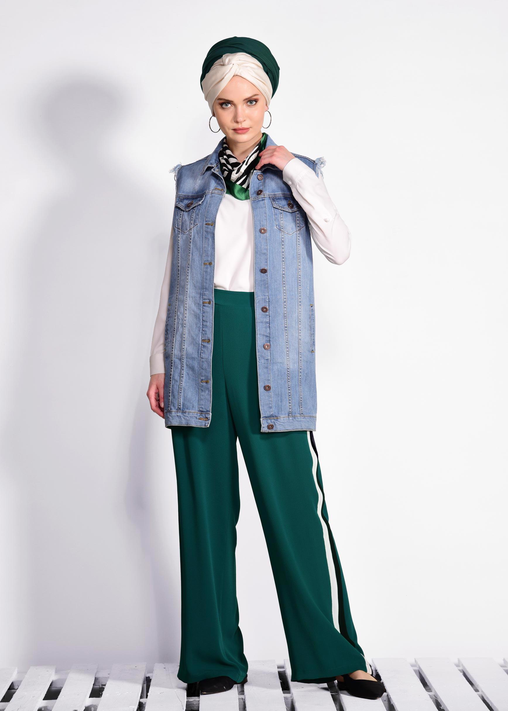 Tesettür giyim YEŞİL ŞERİT DETAYLI PANTOLON 7361