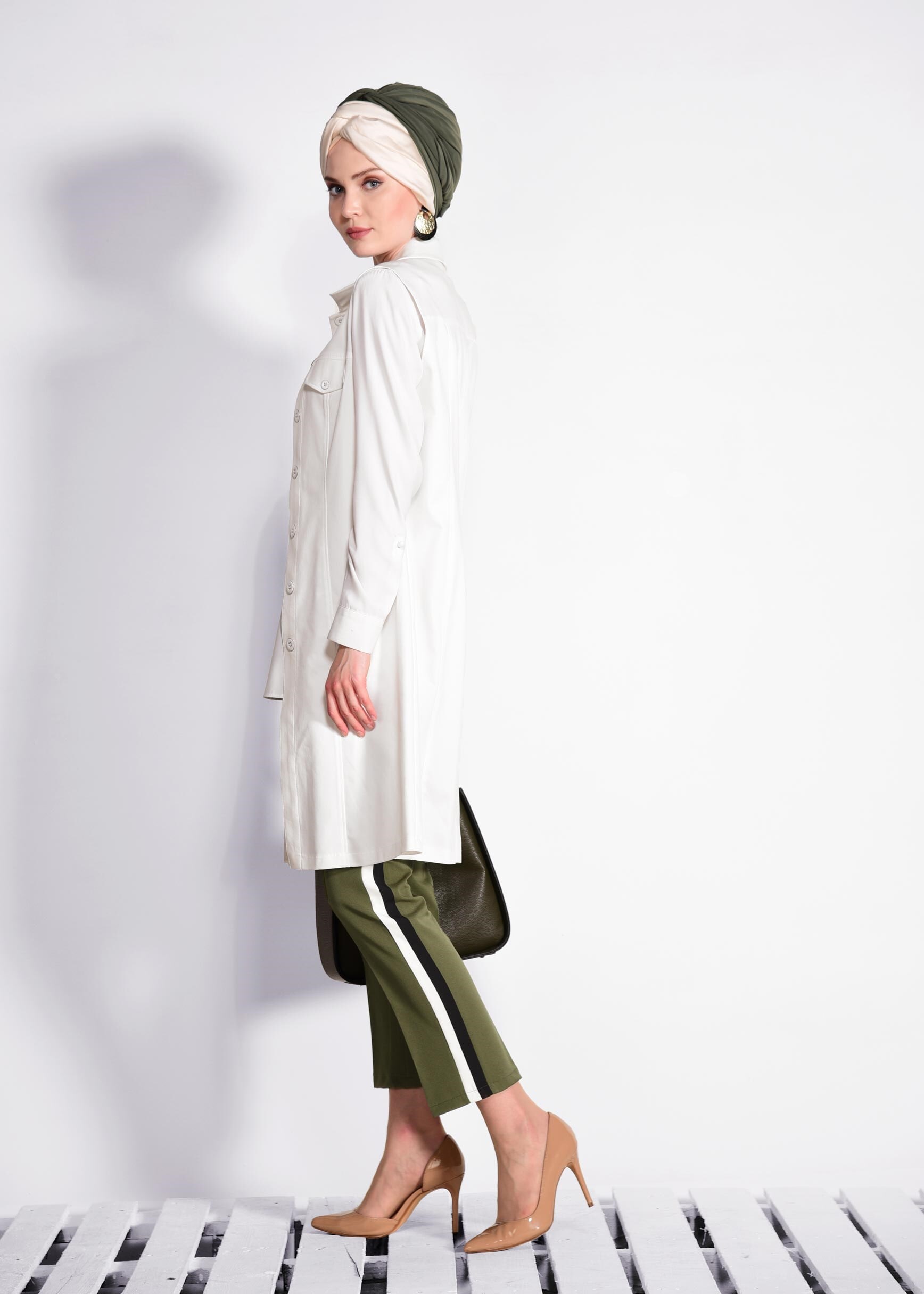 Tesettür giyim HAKİ ŞERİT DETAYLI PANTOLON 7364