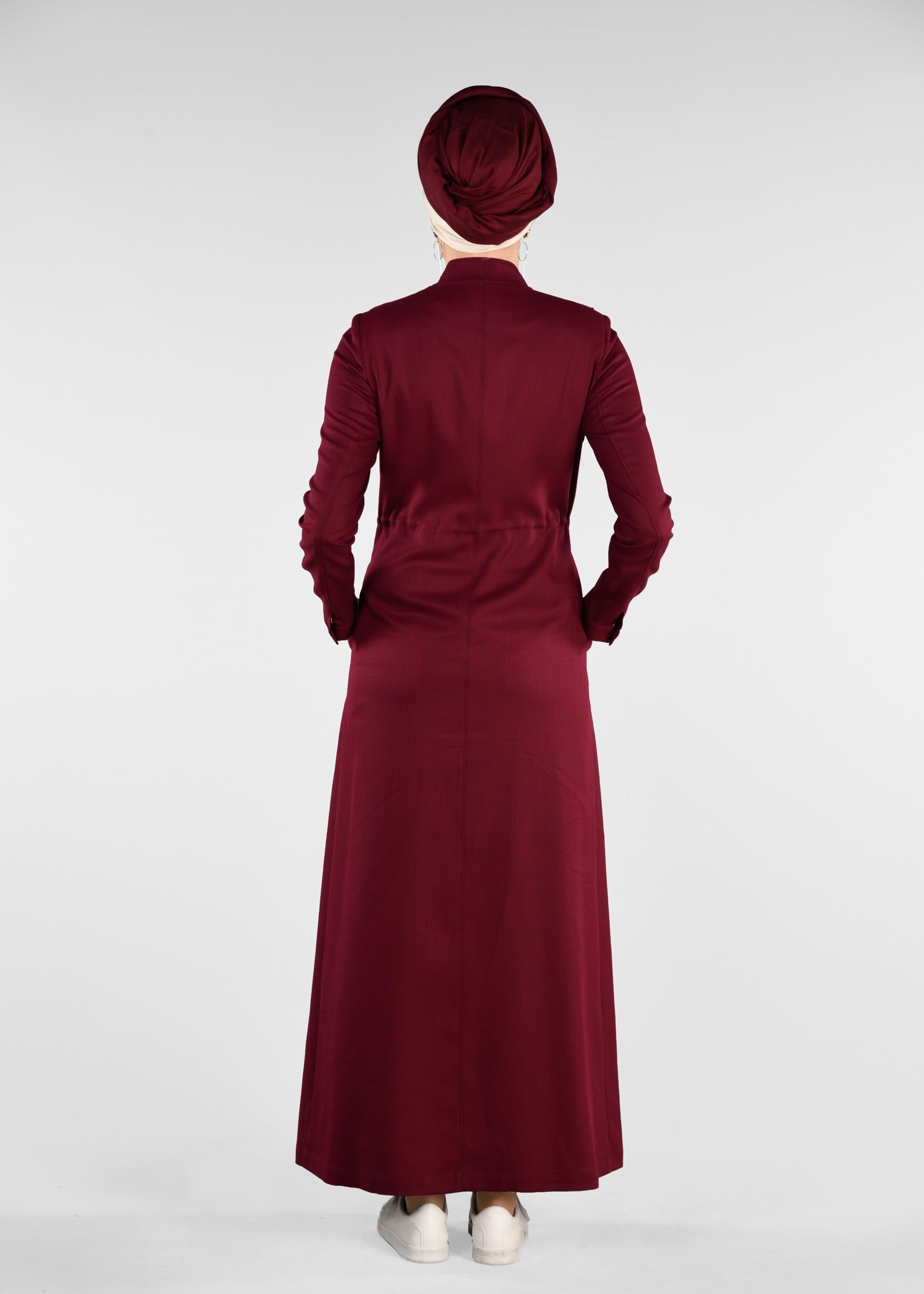 Tesettür giyim MÜRDÜM YAKASI FIRFIRLI VE BELİ BÜZGÜLÜ PARDESÜ 1193 