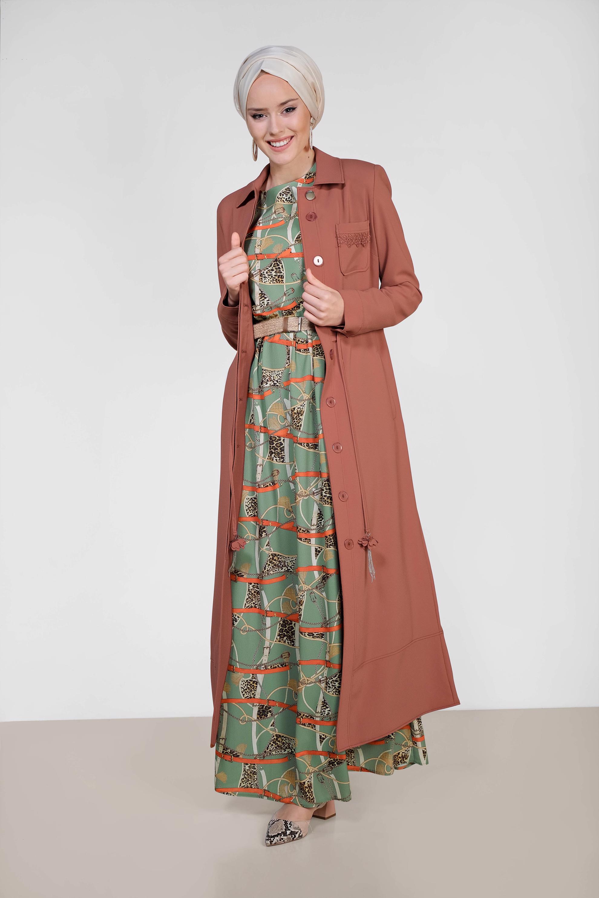 Tesettür giyim TURUNCU  GÜPÜR DETAYLI BELDEN BAĞCIKLI PARDESÜ 1194 