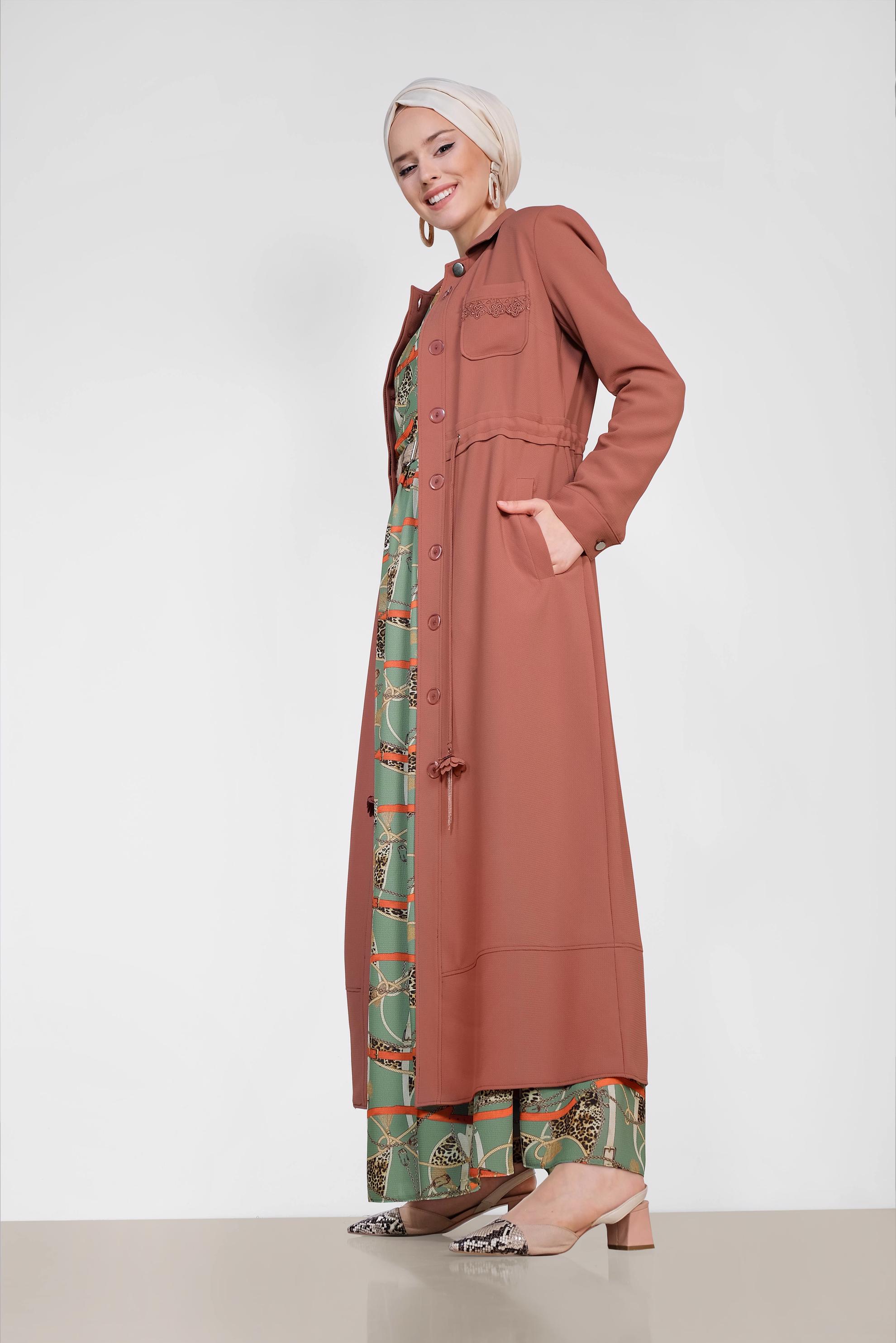 Tesettür giyim TURUNCU  GÜPÜR DETAYLI BELDEN BAĞCIKLI PARDESÜ 1194 