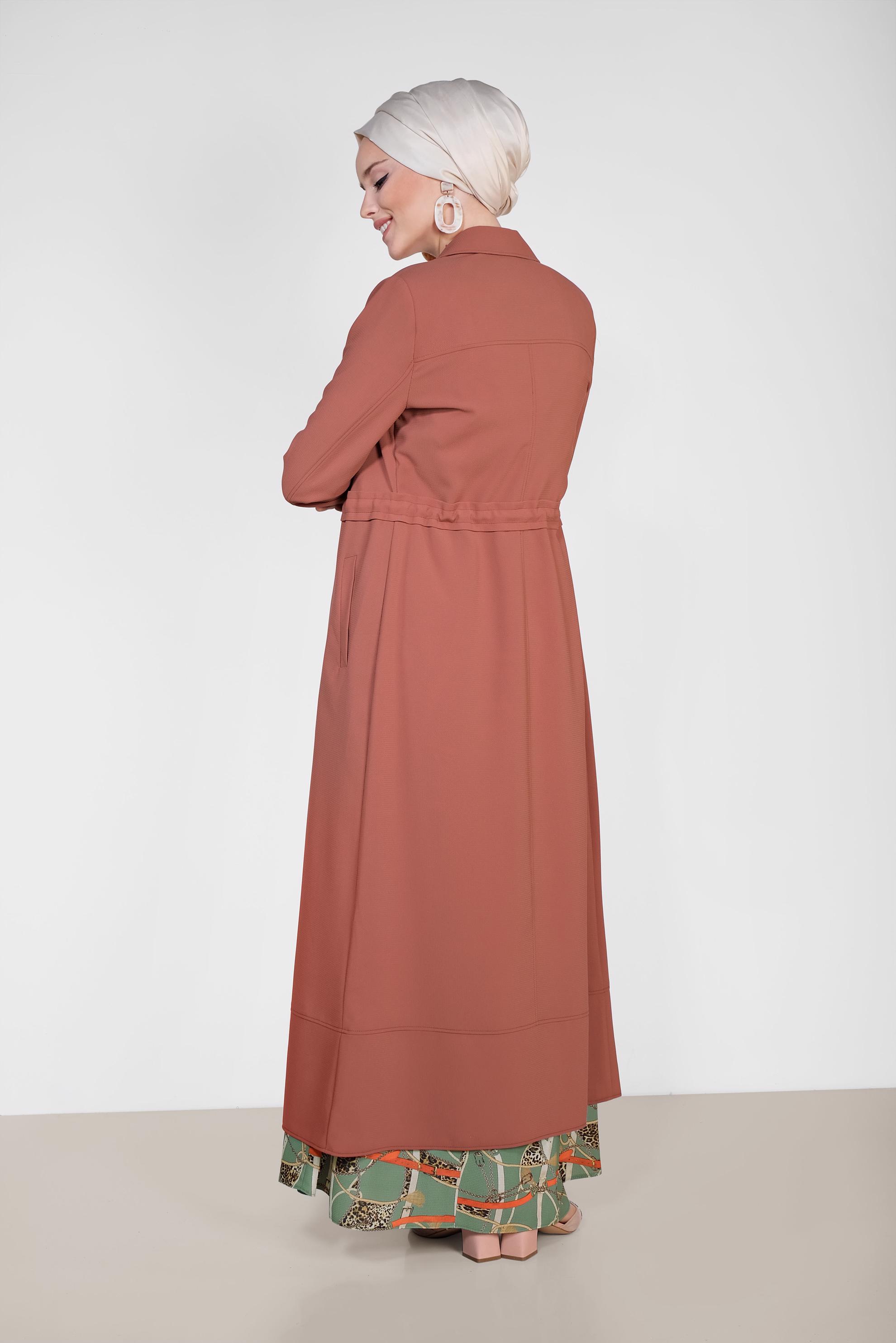 Tesettür giyim TURUNCU  GÜPÜR DETAYLI BELDEN BAĞCIKLI PARDESÜ 1194 