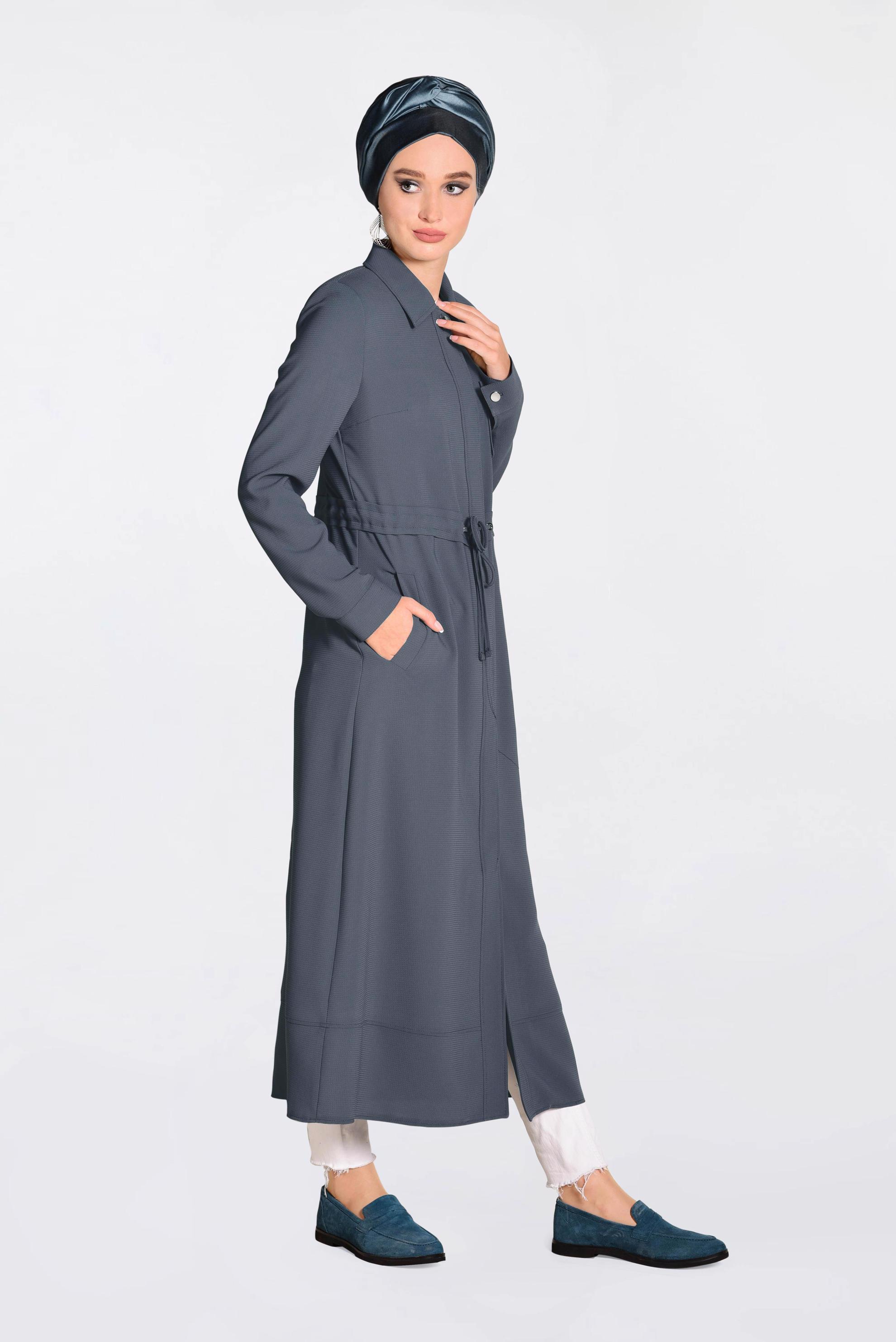 Tesettür giyim GRİ  GÜPÜR DETAYLI BELDEN BAĞCIKLI PARDESÜ 1194 