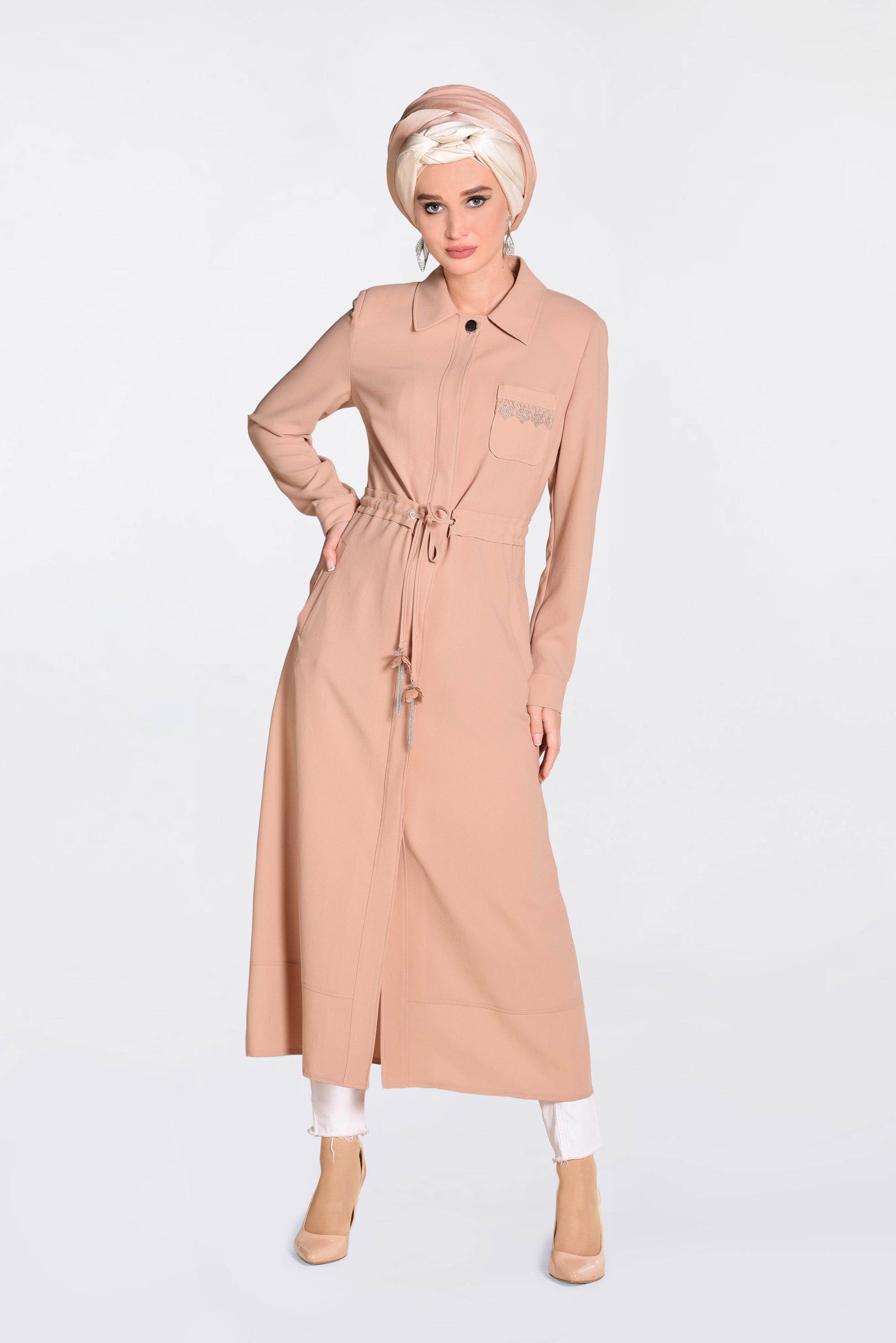Tesettür giyim PUDRA  GÜPÜR DETAYLI BELDEN BAĞCIKLI PARDESÜ 1194 