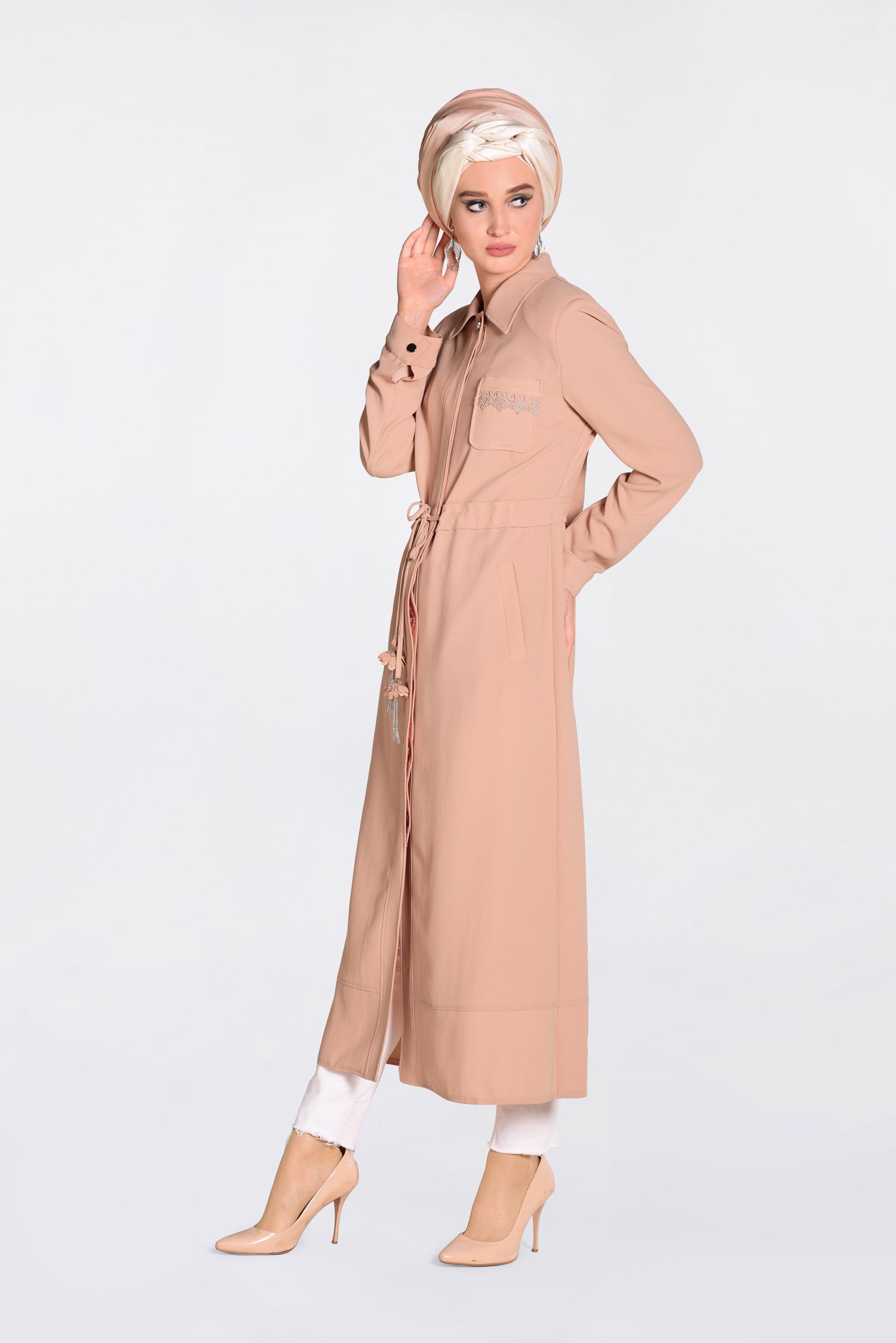 Tesettür giyim PUDRA  GÜPÜR DETAYLI BELDEN BAĞCIKLI PARDESÜ 1194 