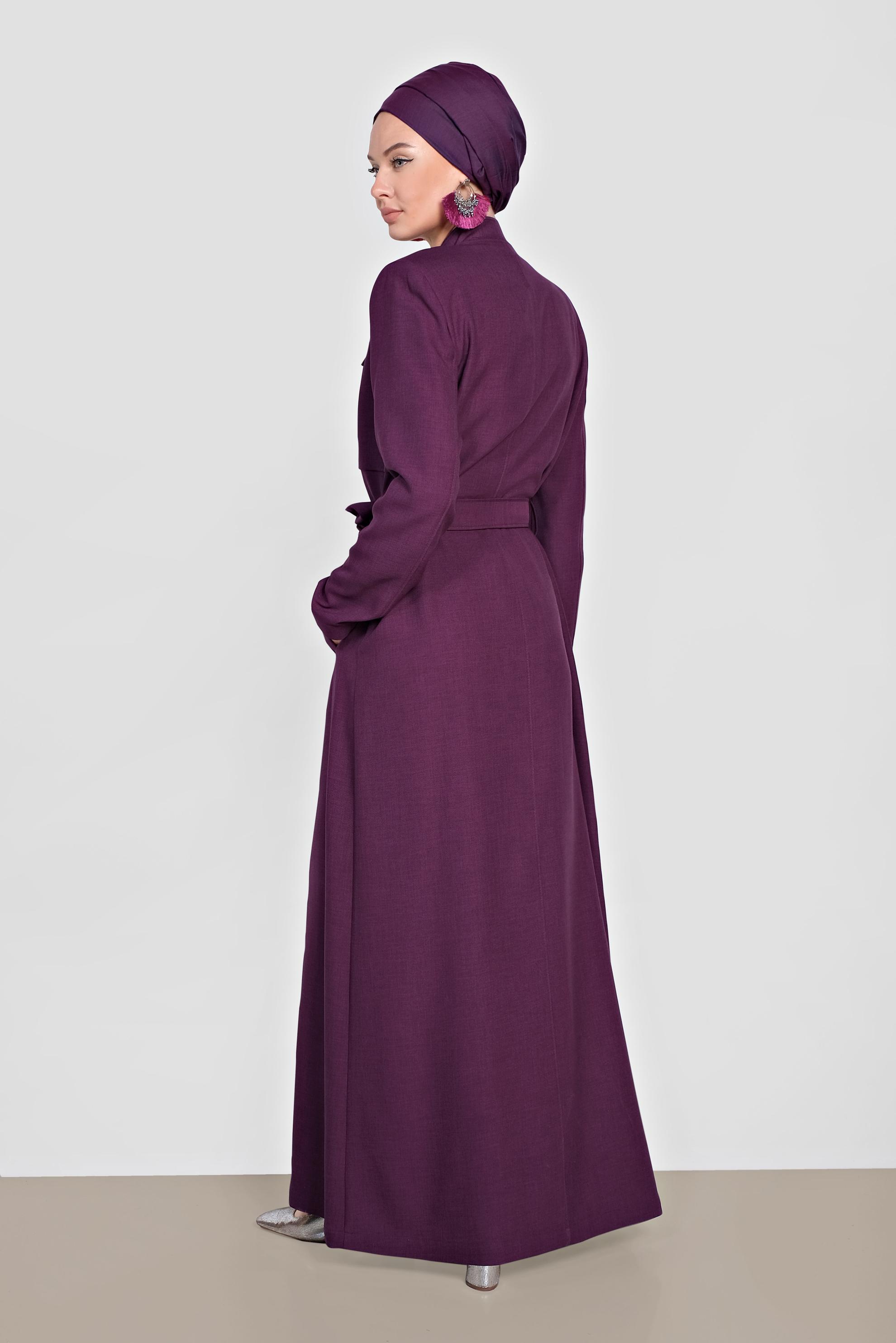 Tesettür giyim MÜRDÜM NAKIŞ DETAYLI KEMERLİ PARDESÜ 1198 