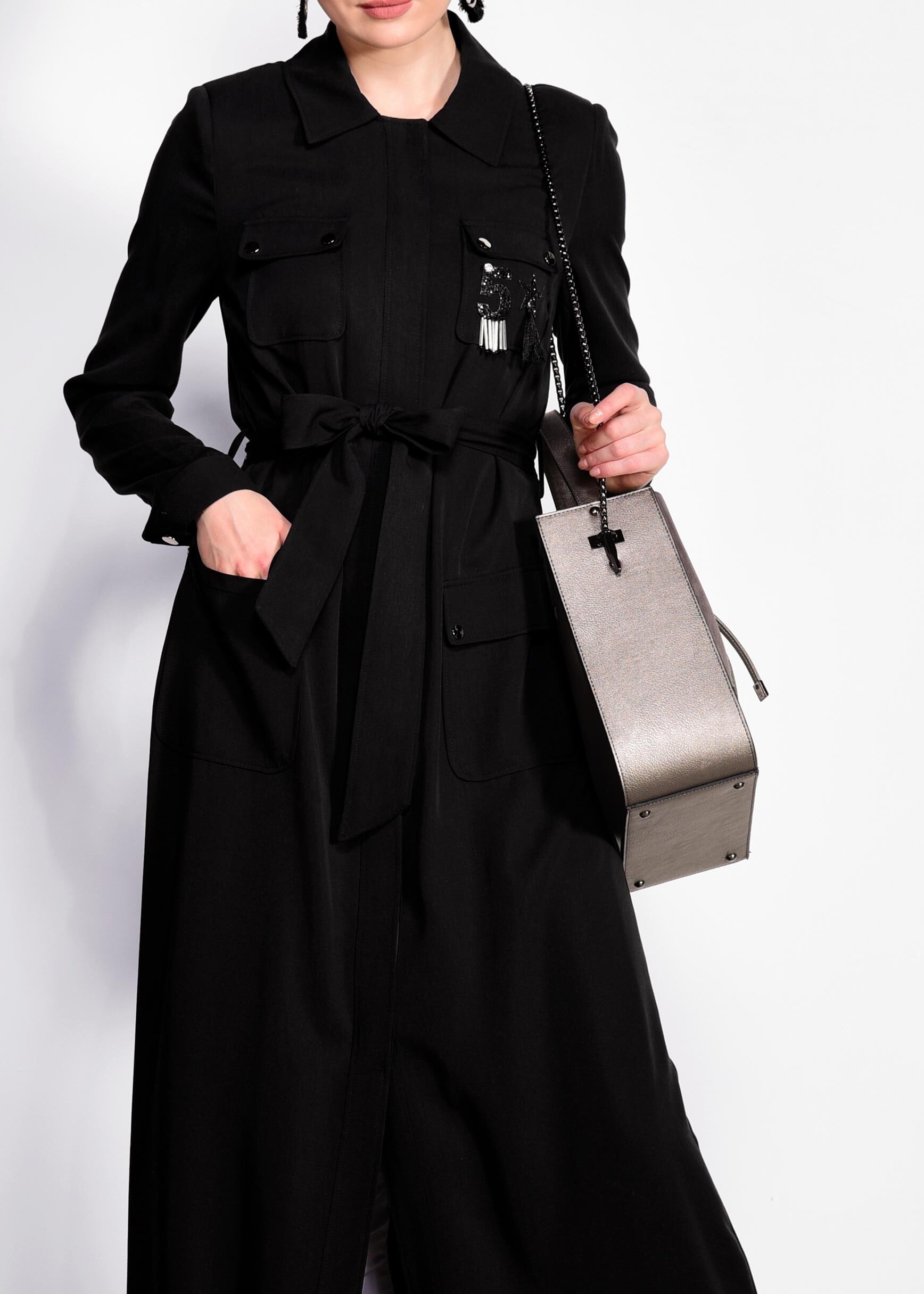 Tesettür giyim SİYAH CEP DETAYLI PARDESÜ 1199 