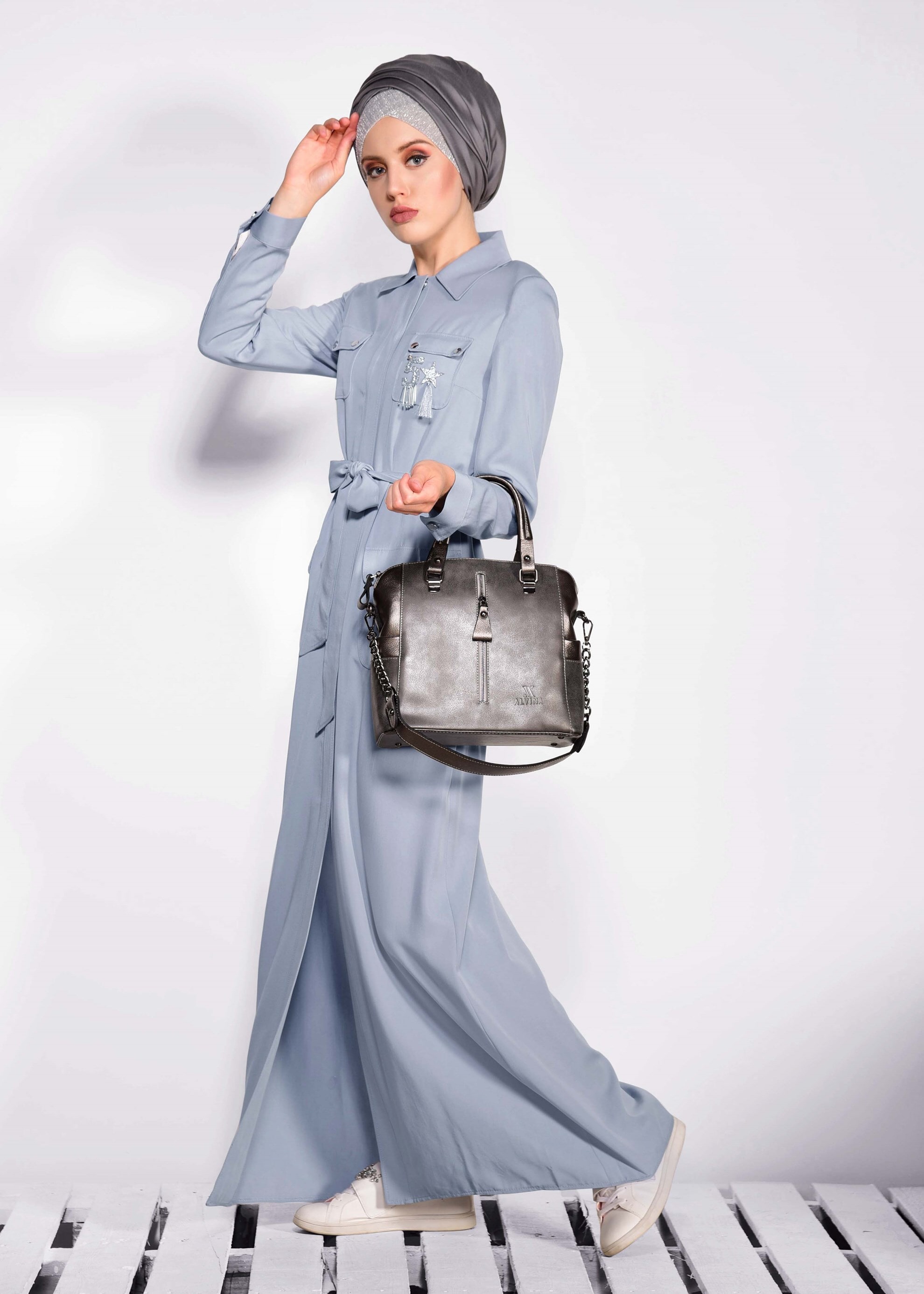 Tesettür giyim GRİ CEP DETAYLI PARDESÜ 1199 