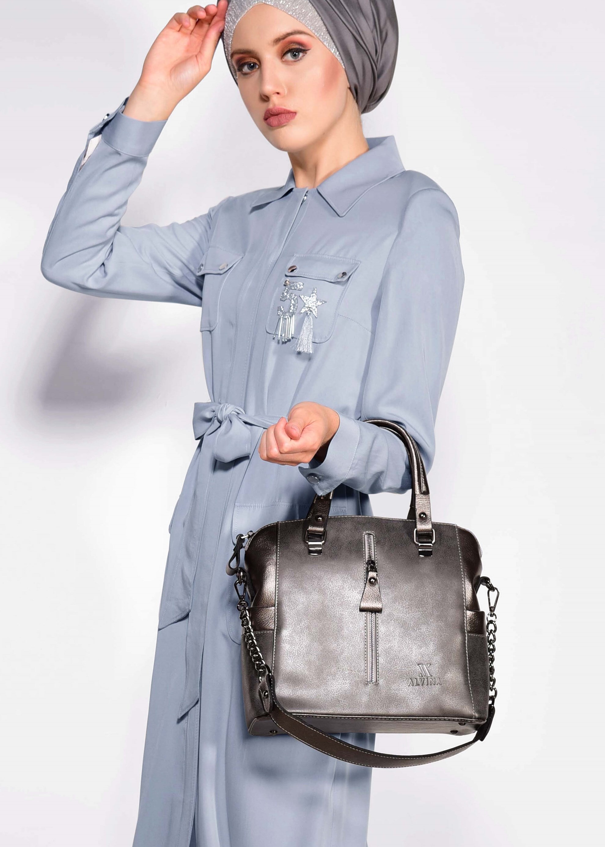 Tesettür giyim GRİ CEP DETAYLI PARDESÜ 1199 