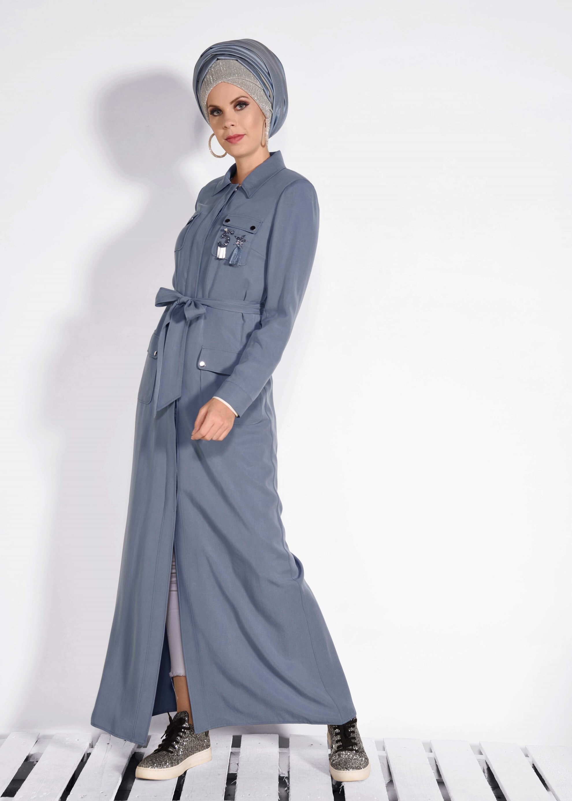 Tesettür giyim GRİ CEP DETAYLI PARDESÜ 1199 