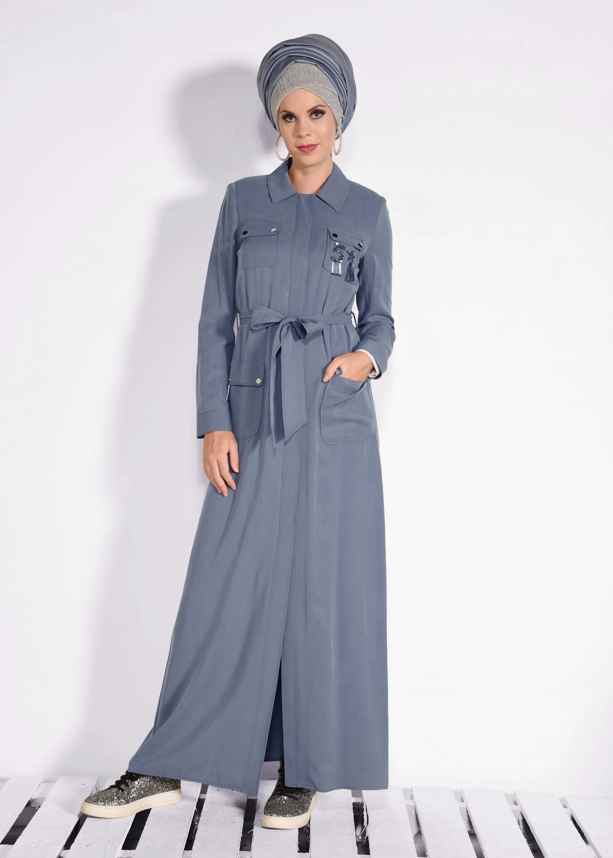 Tesettür giyim GRİ CEP DETAYLI PARDESÜ 1199 