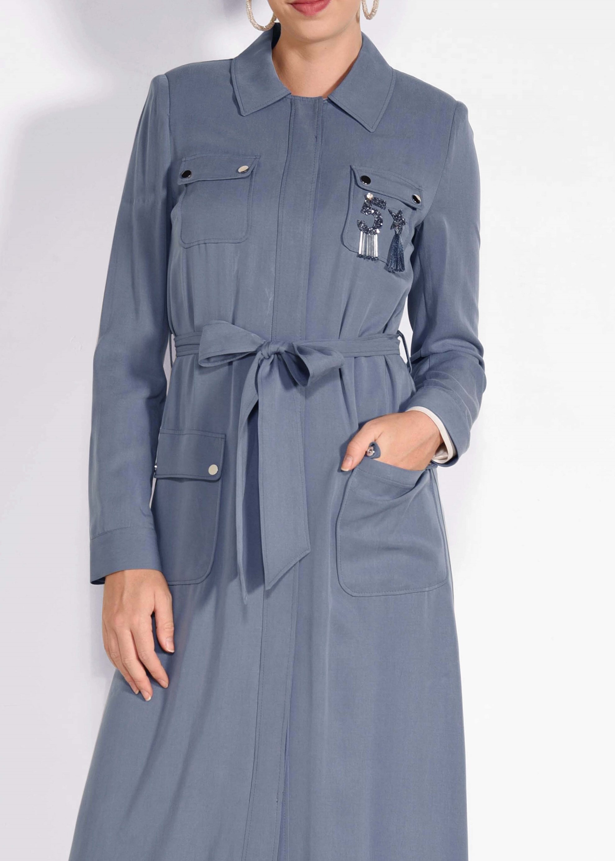 Tesettür giyim GRİ CEP DETAYLI PARDESÜ 1199 