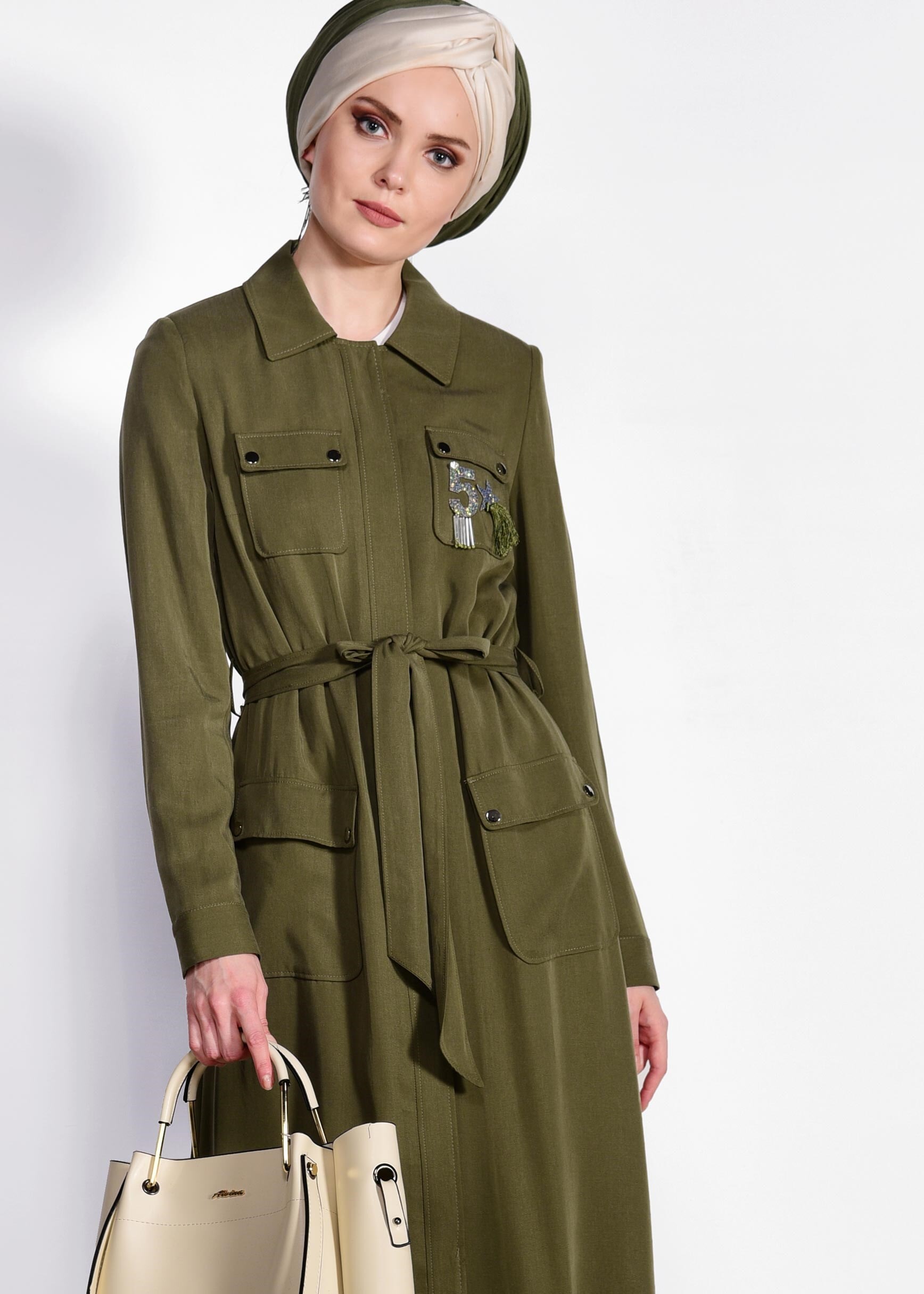 Tesettür giyim HAKİ CEP DETAYLI PARDESÜ 1199 