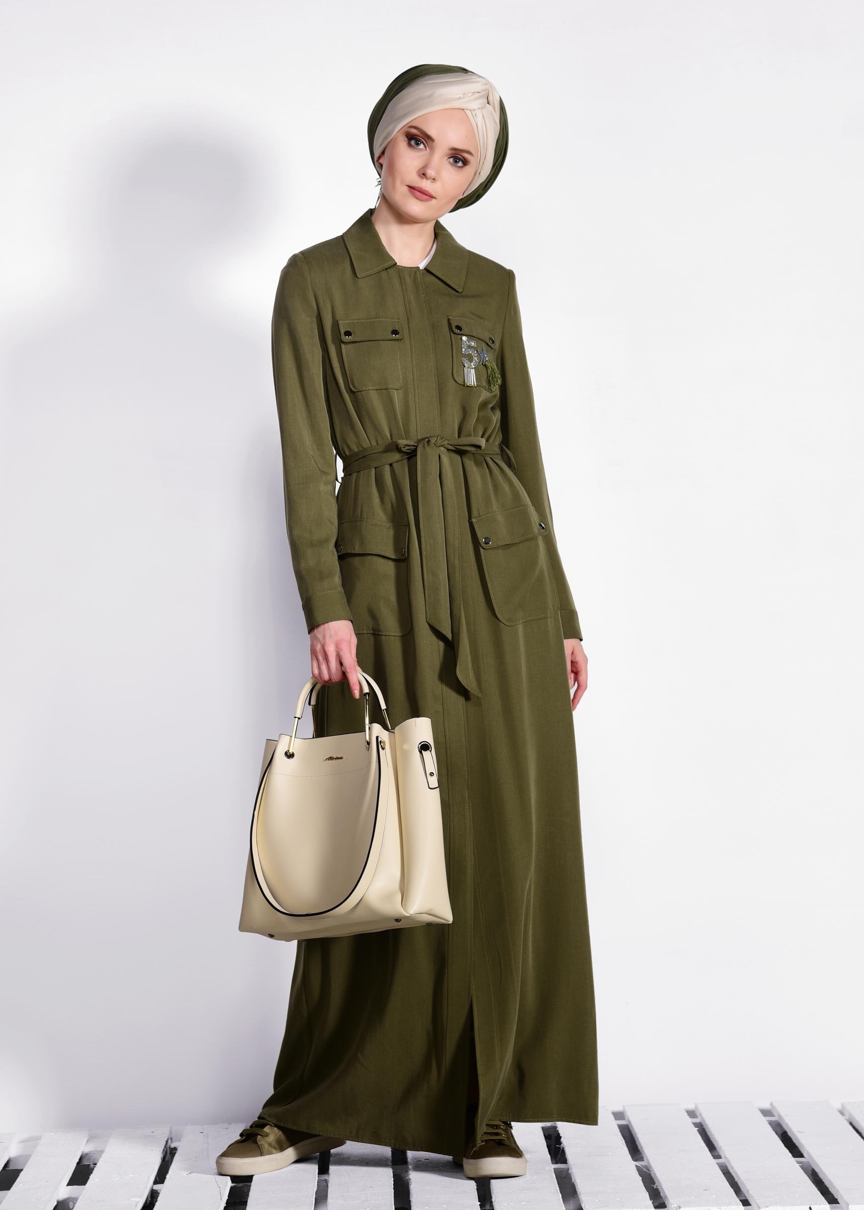 Tesettür giyim HAKİ CEP DETAYLI PARDESÜ 1199 