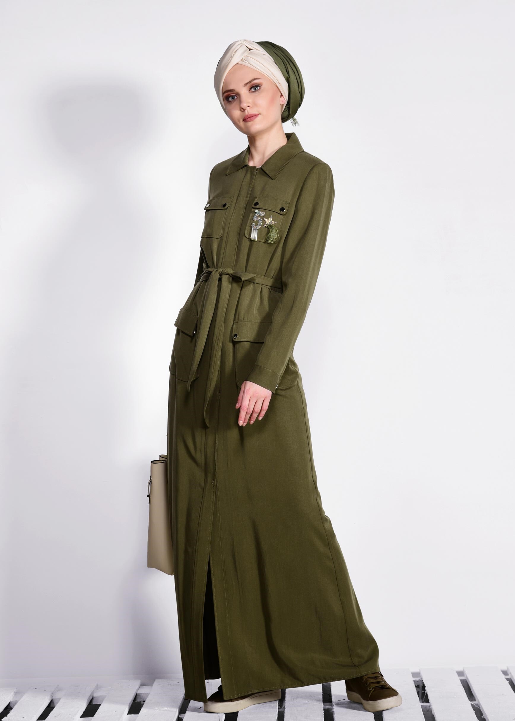 Tesettür giyim HAKİ CEP DETAYLI PARDESÜ 1199 