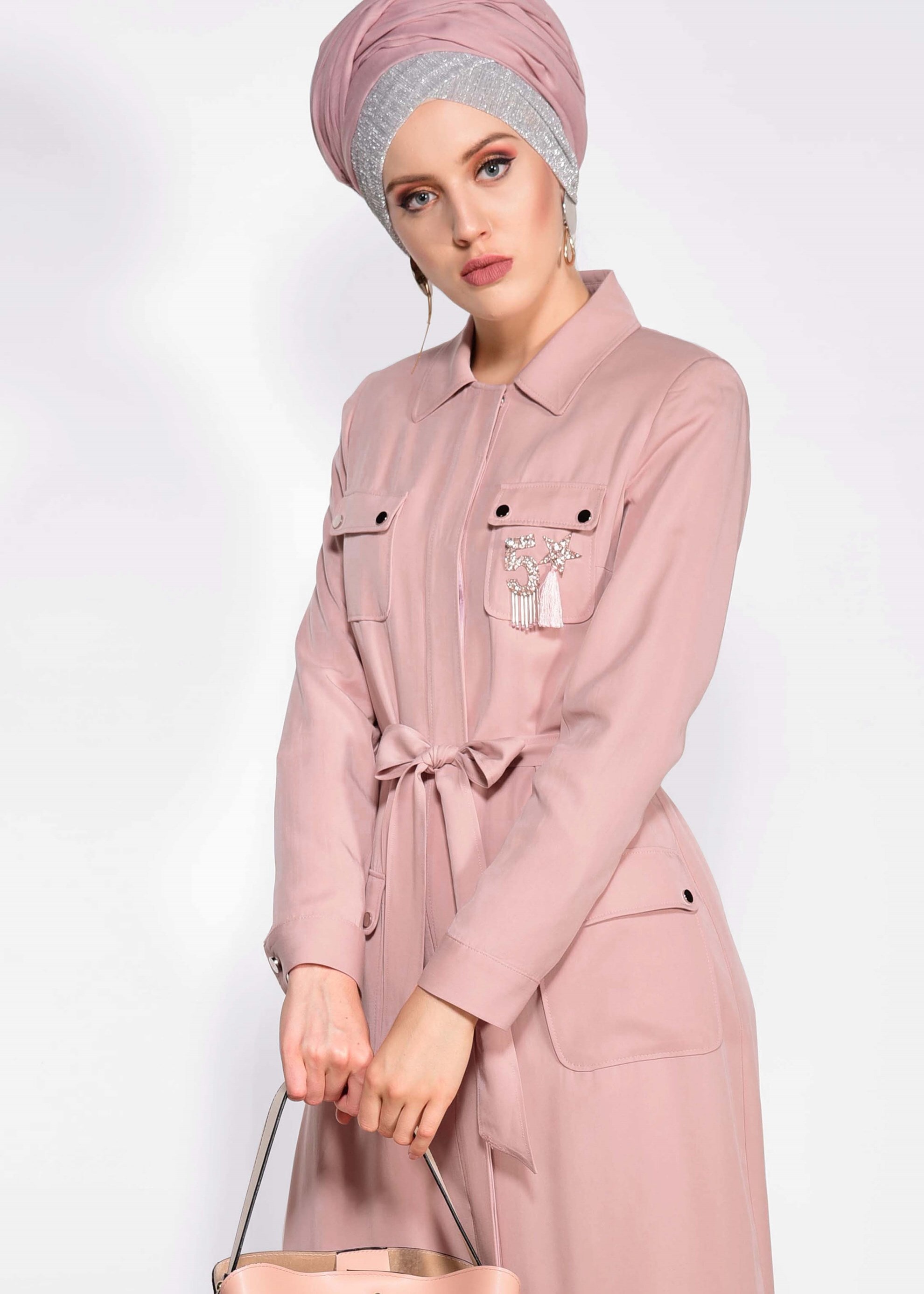 Tesettür giyim PUDRA CEP DETAYLI PARDESÜ 1199 