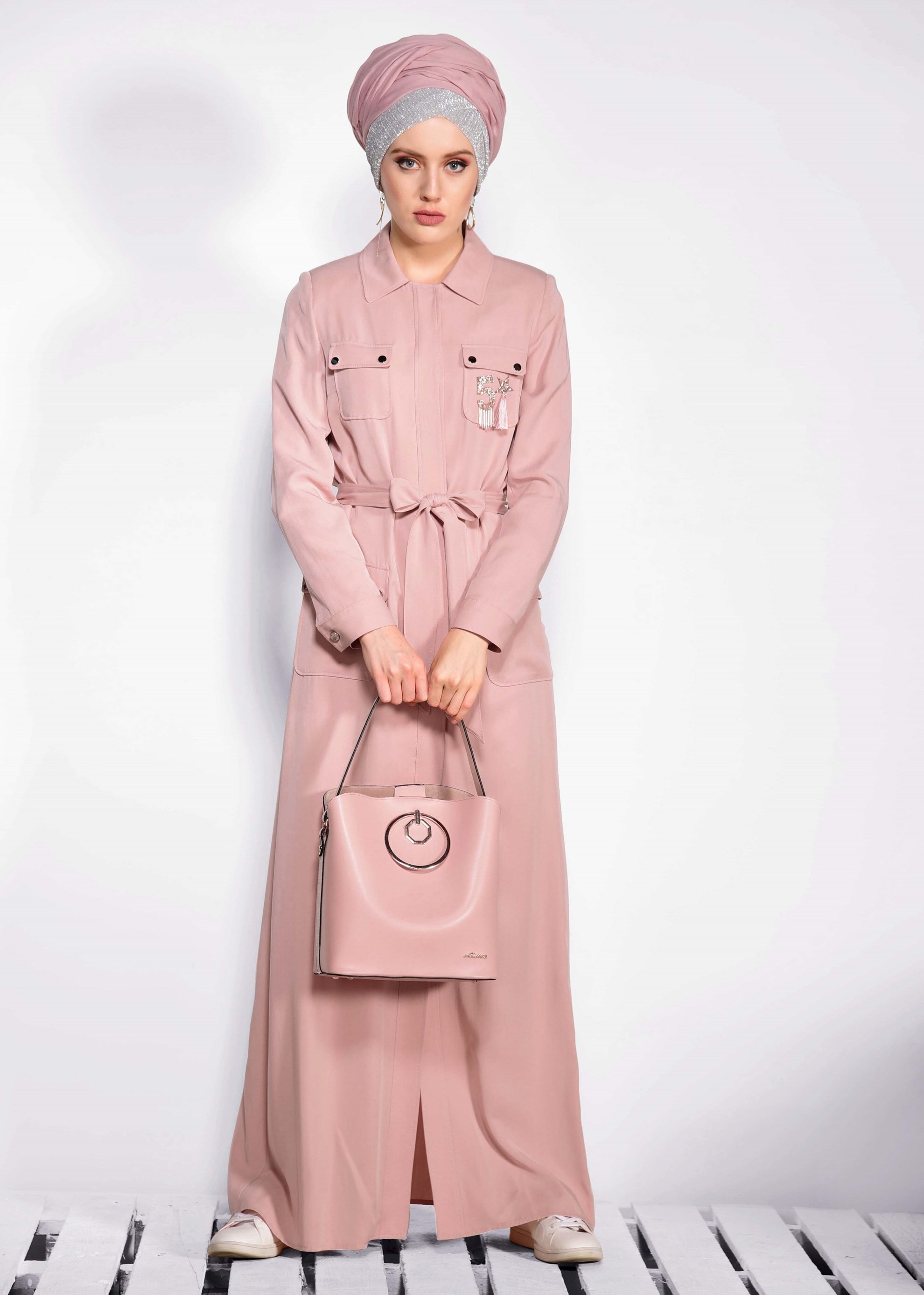 Tesettür giyim PUDRA CEP DETAYLI PARDESÜ 1199 