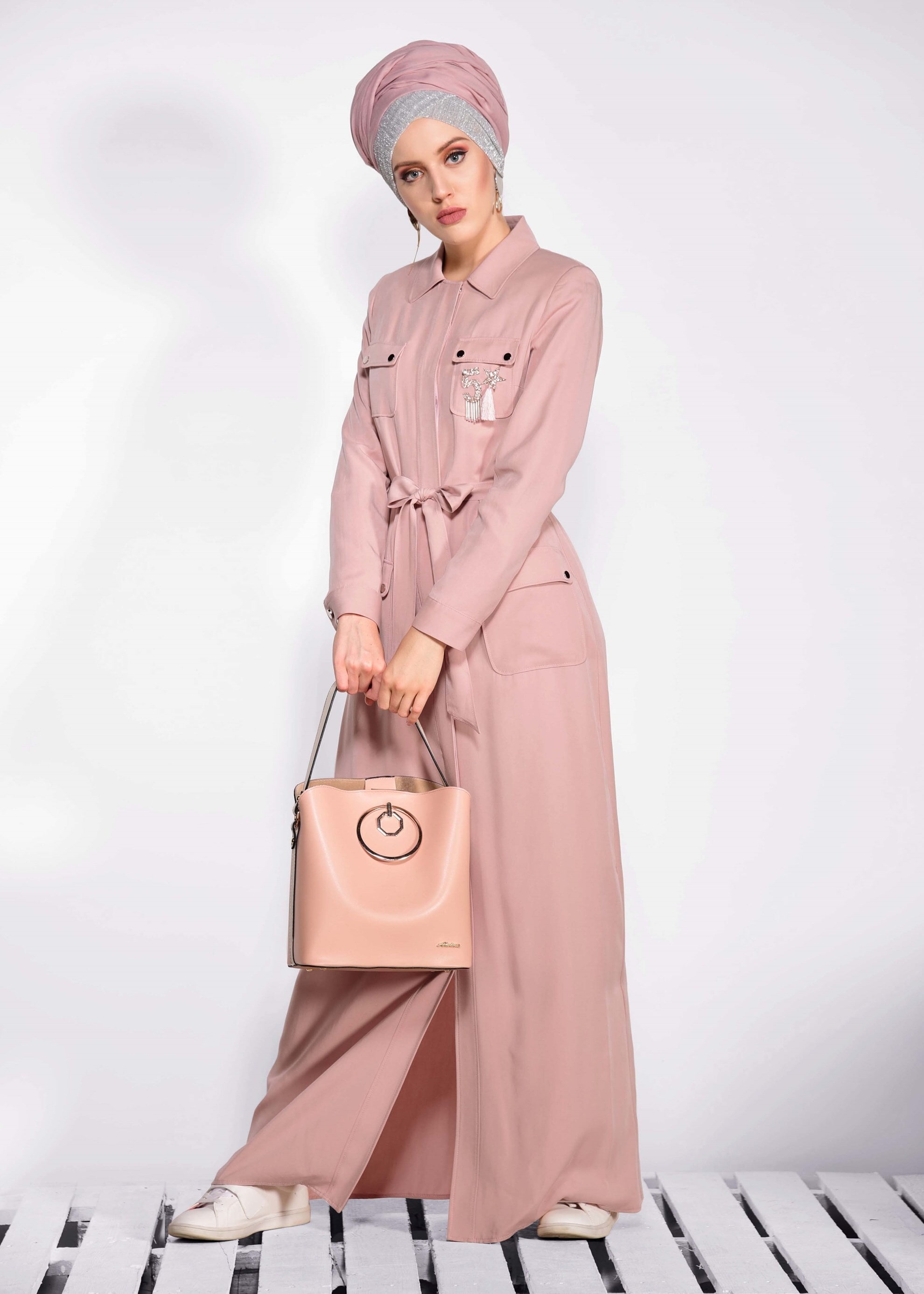 Tesettür giyim PUDRA CEP DETAYLI PARDESÜ 1199 