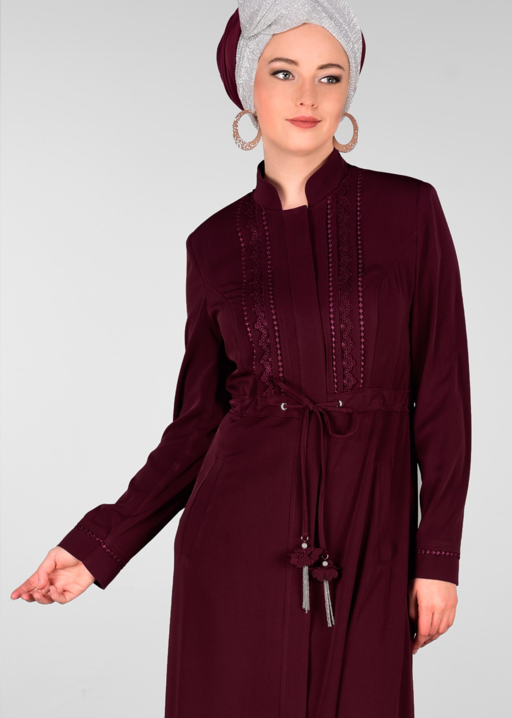 Tesettür giyim MÜRDÜM BELİ BÜZGÜLÜ HAKİM YAKA PARDESÜ 1212 