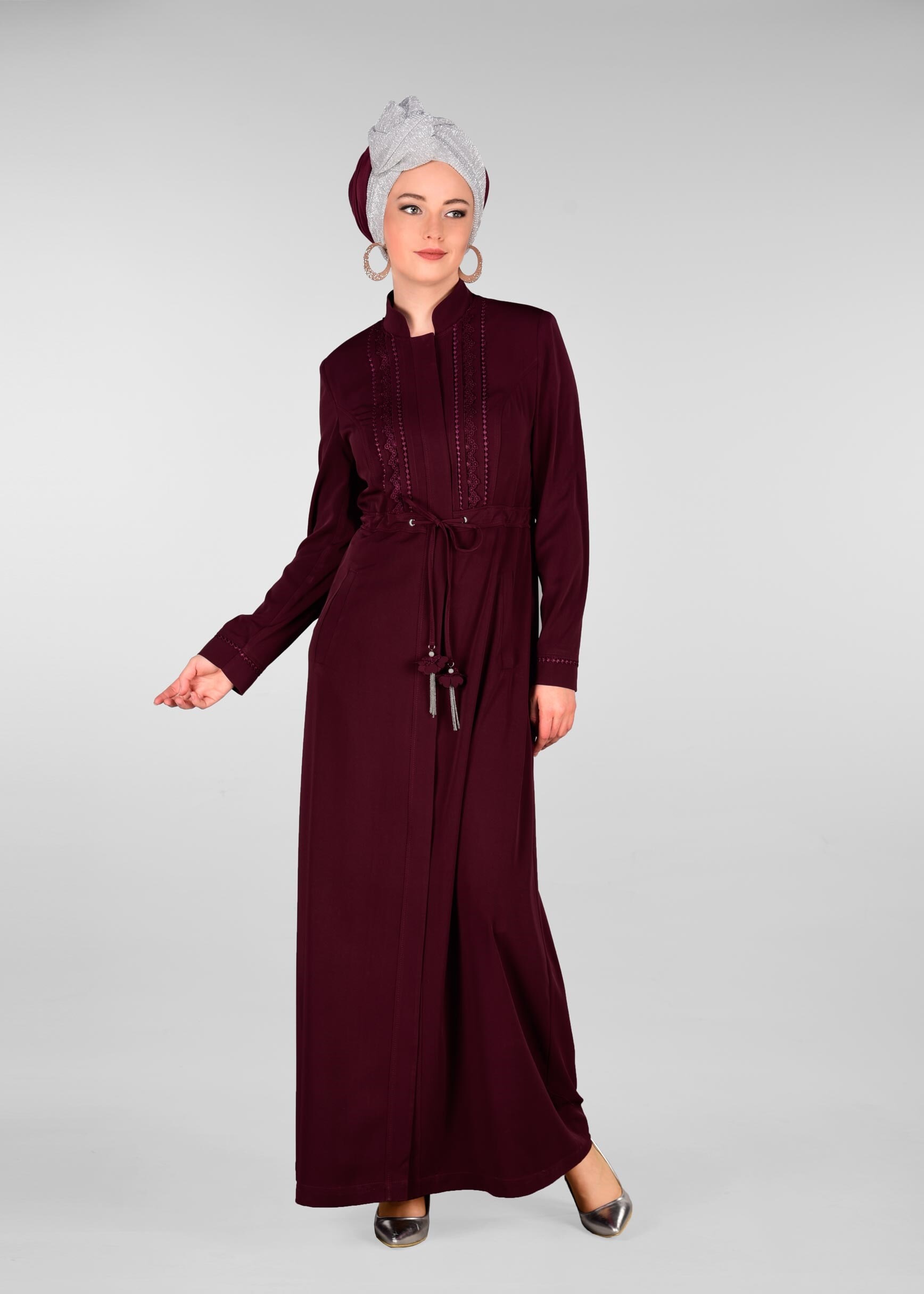 Tesettür giyim MÜRDÜM BELİ BÜZGÜLÜ HAKİM YAKA PARDESÜ 1212 