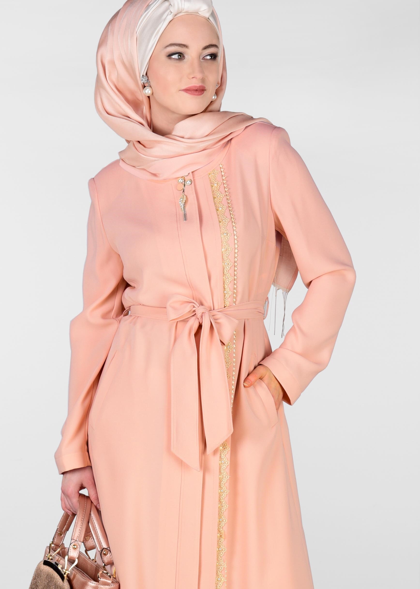 Tesettür giyim PUDRA KUŞAKLI PARDESÜ 1230