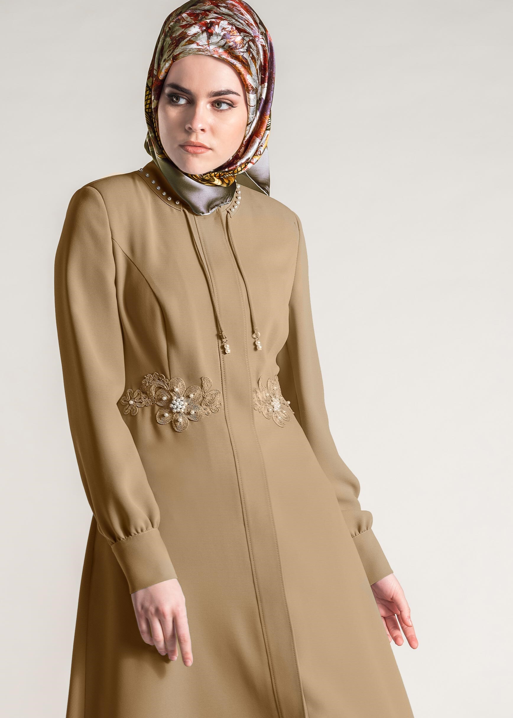 Tesettür giyim KAHVE NAKIŞLI PARDESÜ 1234