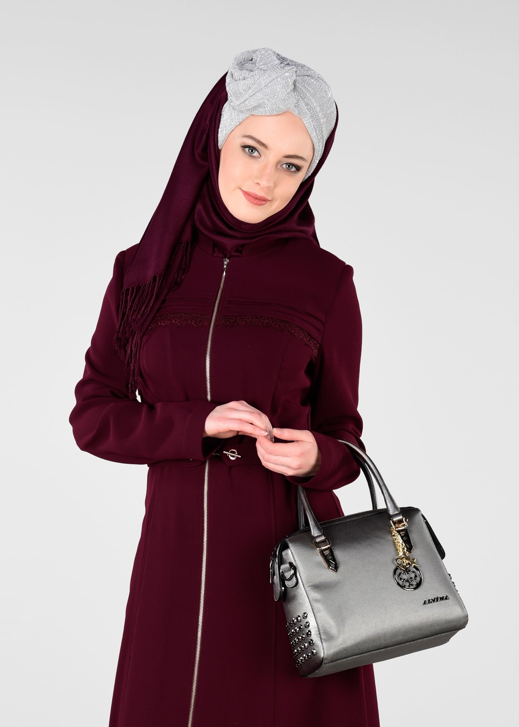 Tesettür giyim BORDO FERMUARLI PARDESÜ 1236