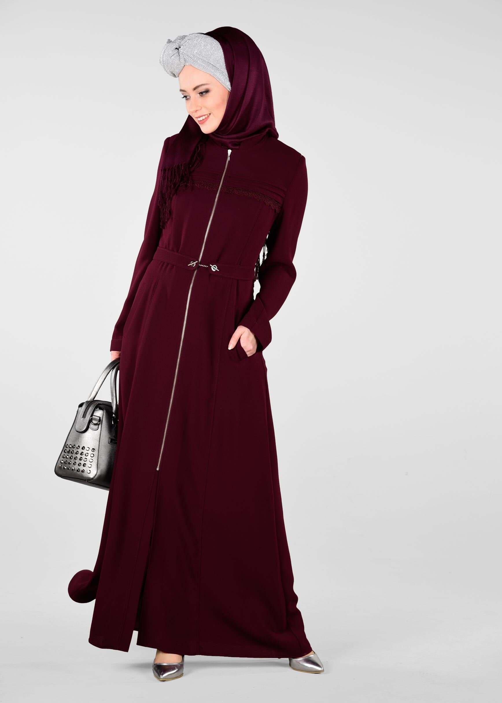 Tesettür giyim BORDO FERMUARLI PARDESÜ 1236