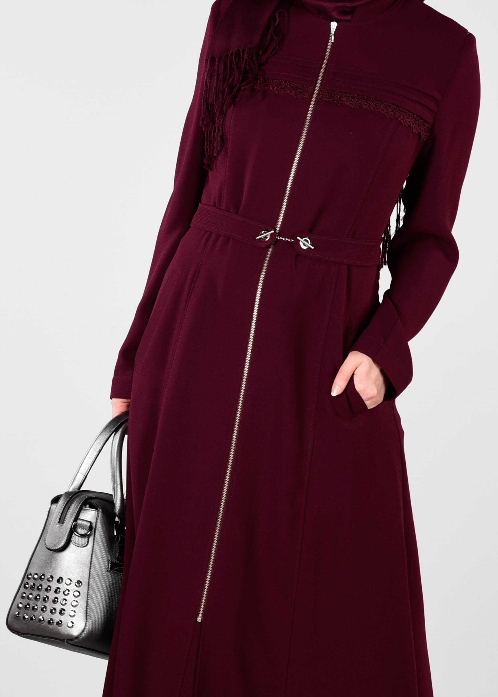 Tesettür giyim BORDO FERMUARLI PARDESÜ 1236