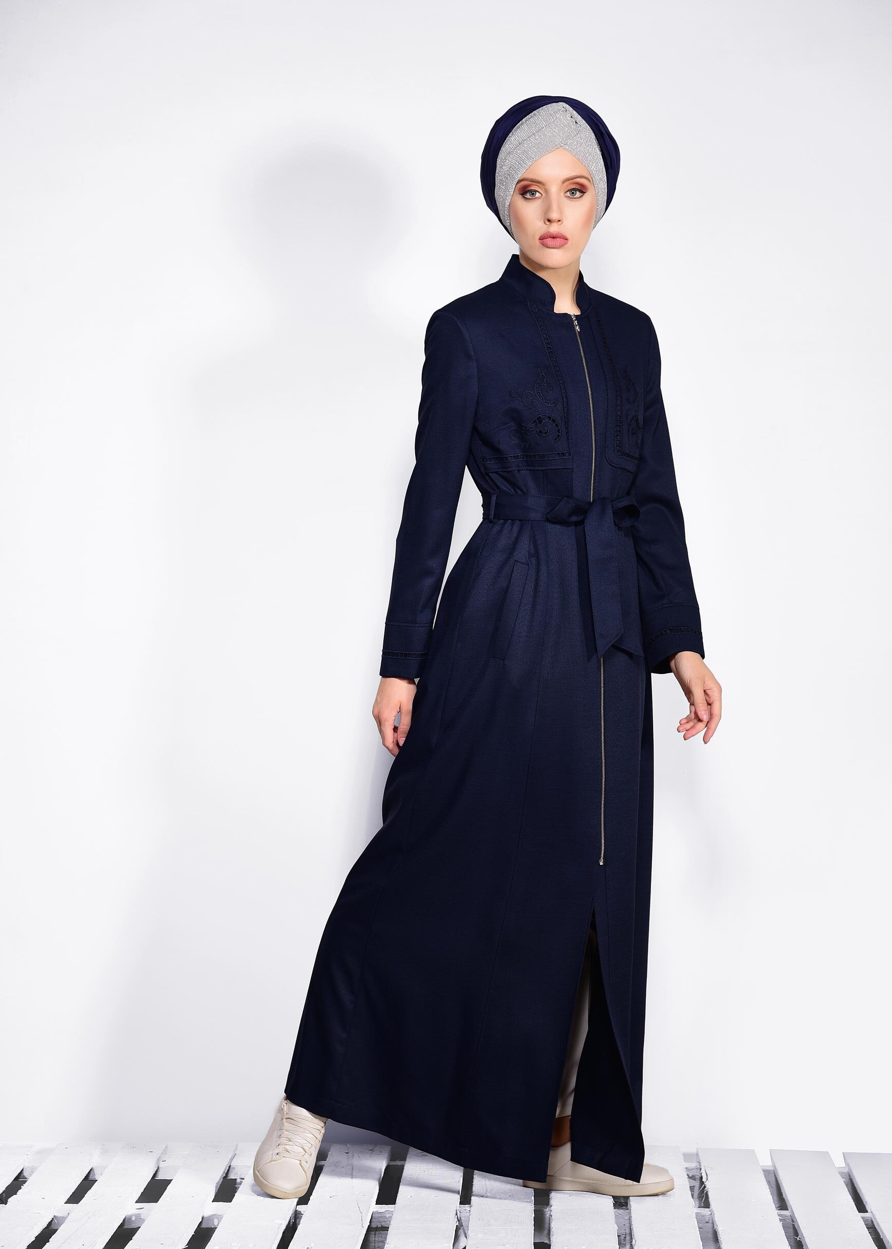 Tesettür giyim LACİVERT FERMUARLI KUŞAKLI PARDESÜ 1238