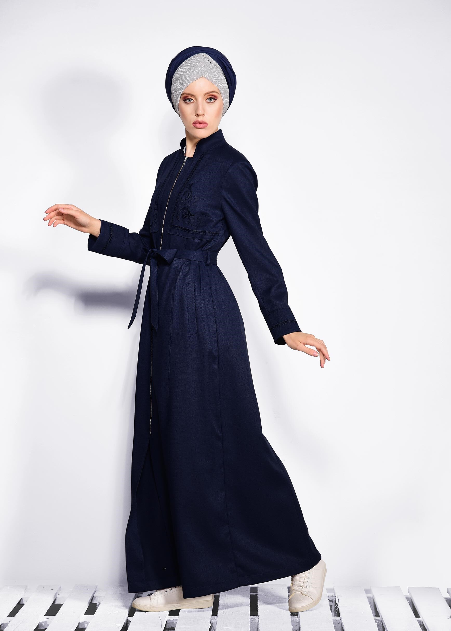 Tesettür giyim LACİVERT FERMUARLI KUŞAKLI PARDESÜ 1238