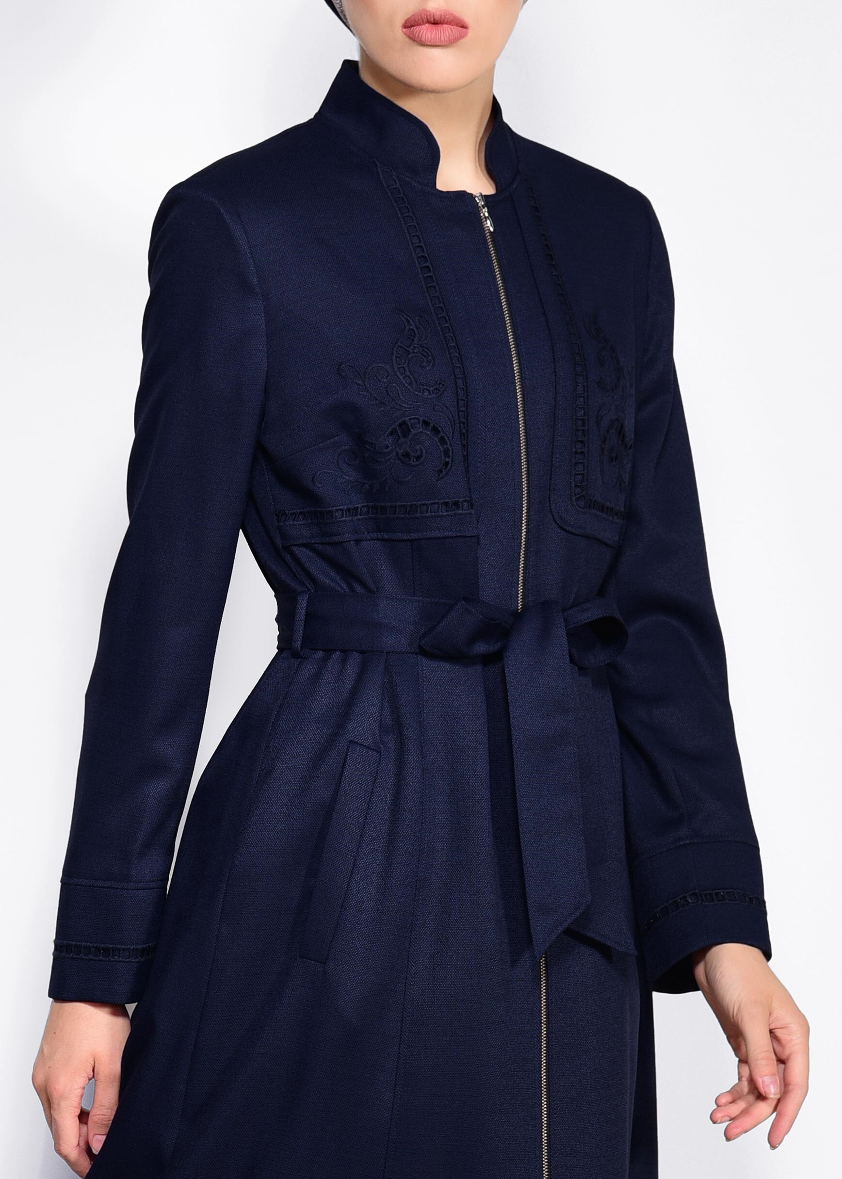 Tesettür giyim LACİVERT FERMUARLI KUŞAKLI PARDESÜ 1238