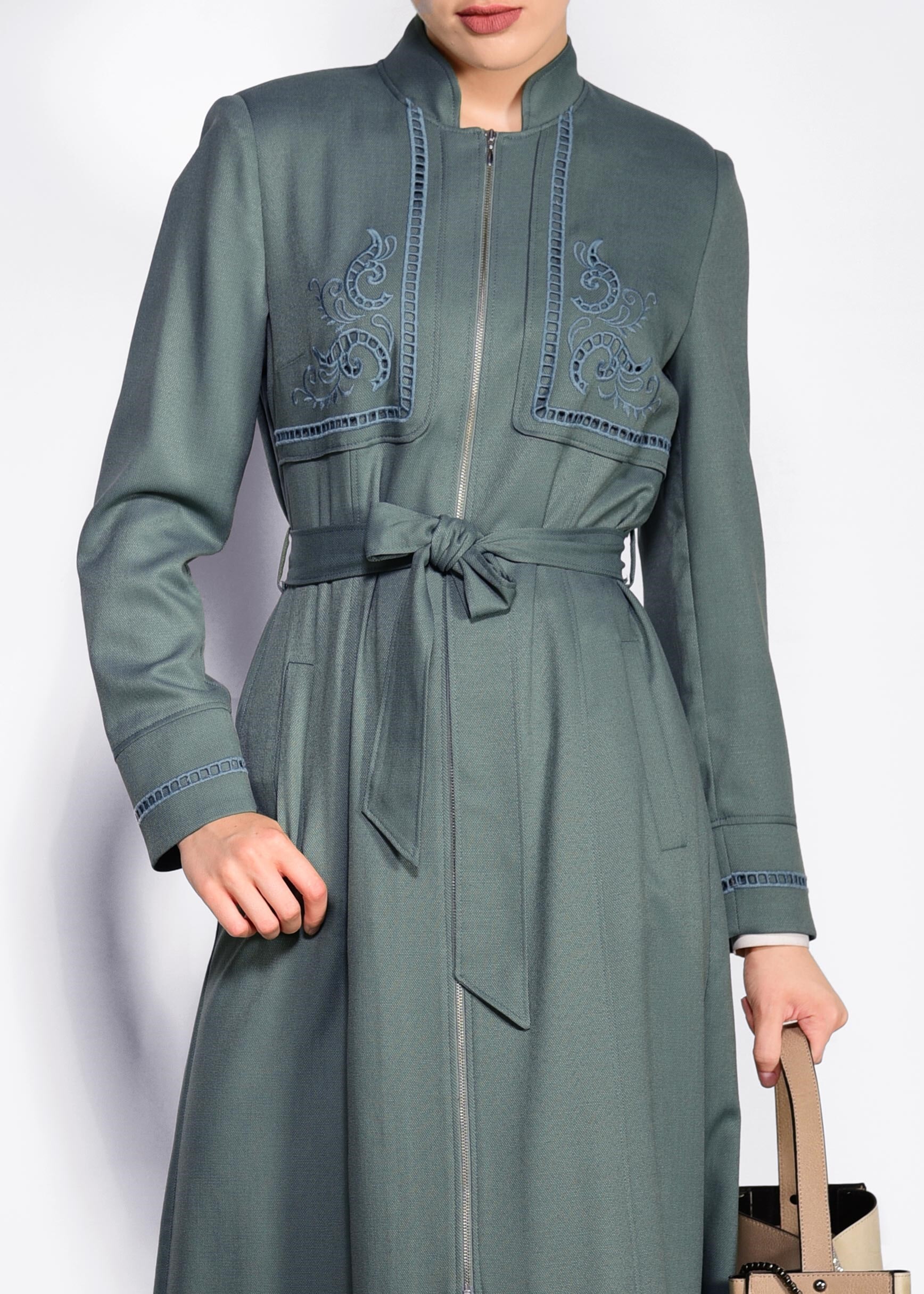 Tesettür giyim YEŞİL FERMUARLI KUŞAKLI PARDESÜ 1238