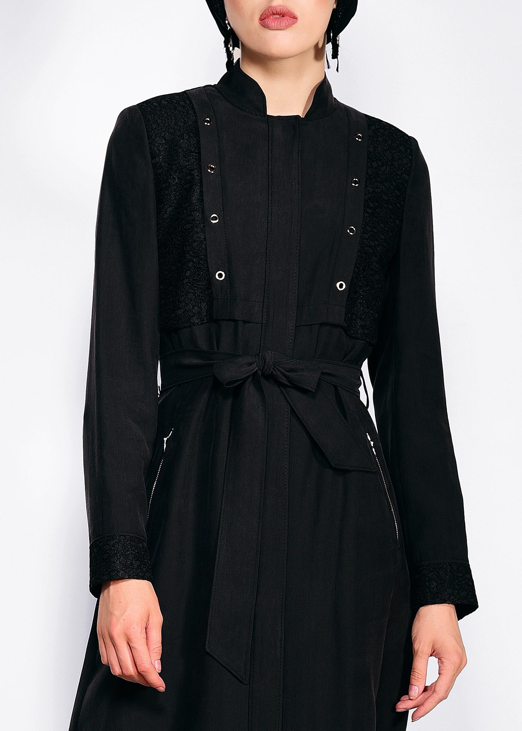 Tesettür giyim SİYAH KUŞGÖZÜ DETAYLI PARDESÜ 1253