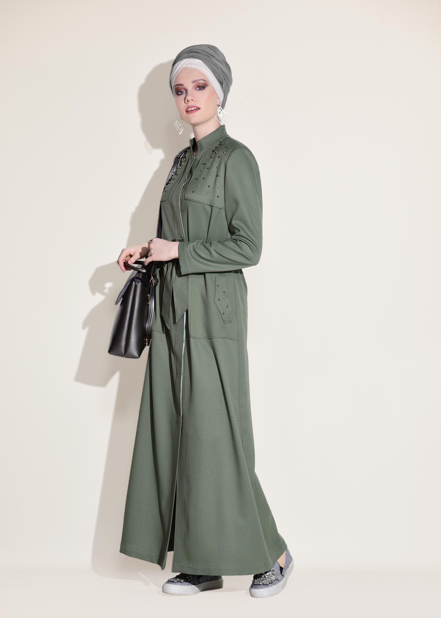 Tesettür giyim YEŞİL BONCUK İŞLEMELİ KUŞAKLI PARDESÜ 1254