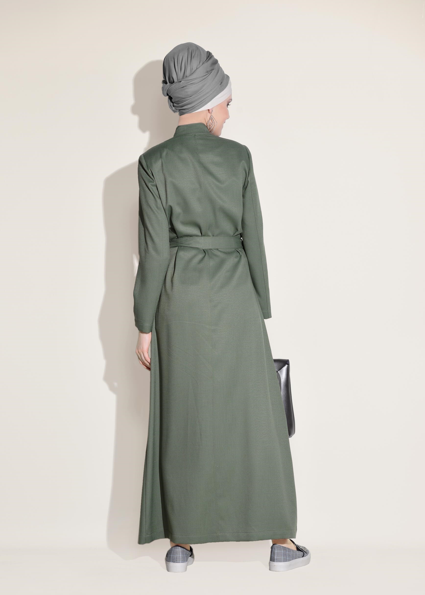 Tesettür giyim YEŞİL BONCUK İŞLEMELİ KUŞAKLI PARDESÜ 1254